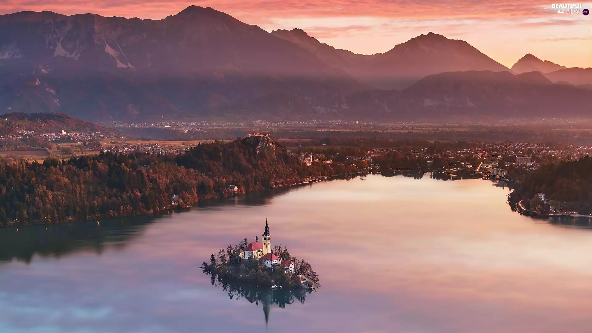 Lake Bled, Mountains, reflection, Island, Julian Alps, Slovenia, Church of the Annunciation of the Virgin Mary, Mountains, Bled Island