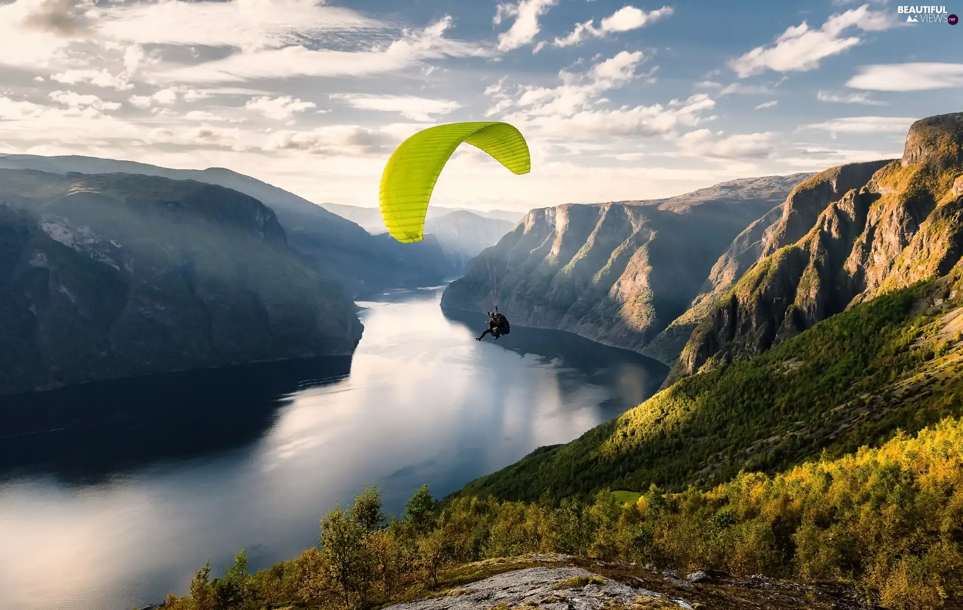 Norway, Mountains, paraglider, Fiord Aurlandfjord