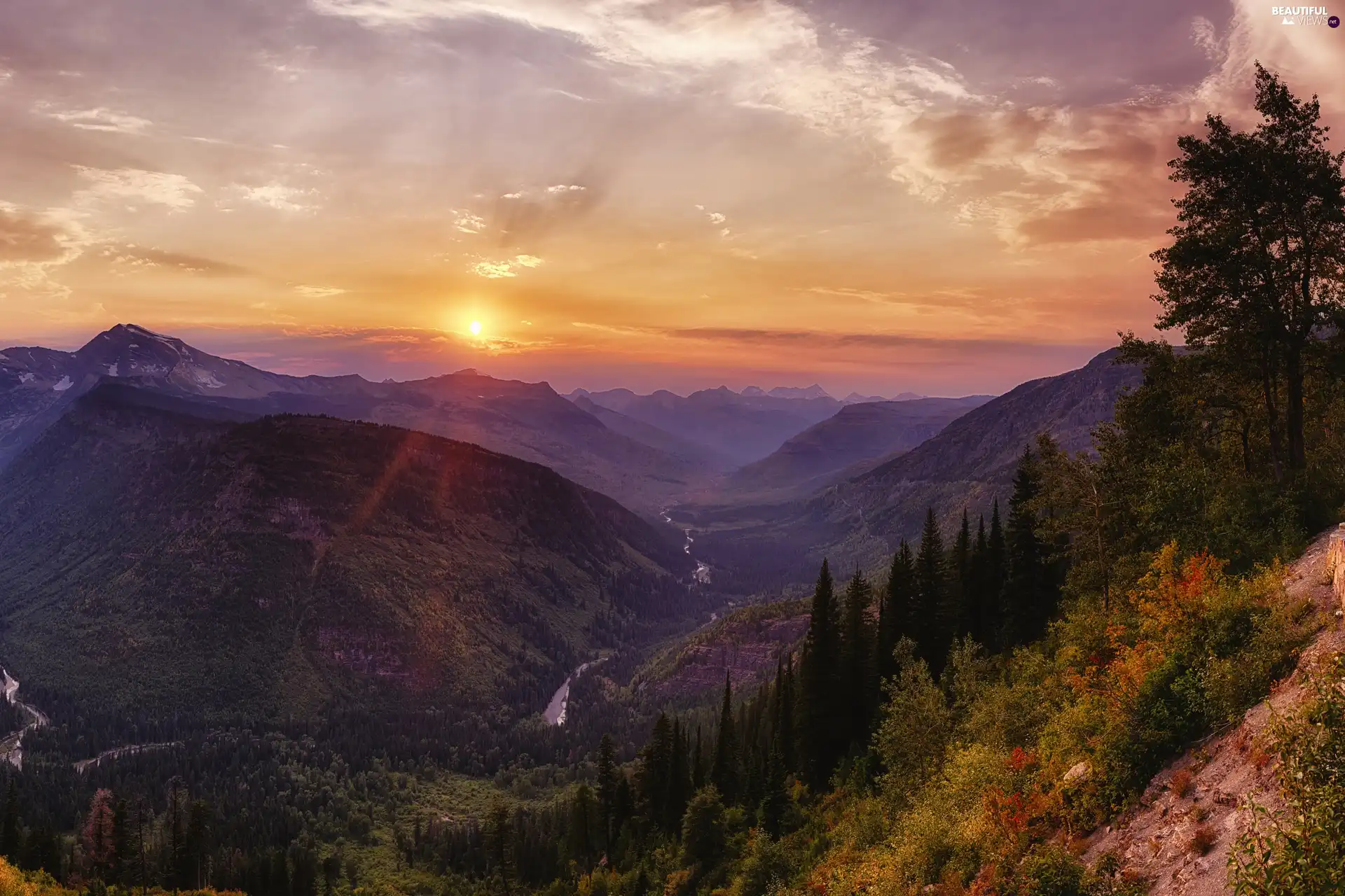 Glacier National Park, The United States, forest, Great Sunsets, Mountains, Montana State