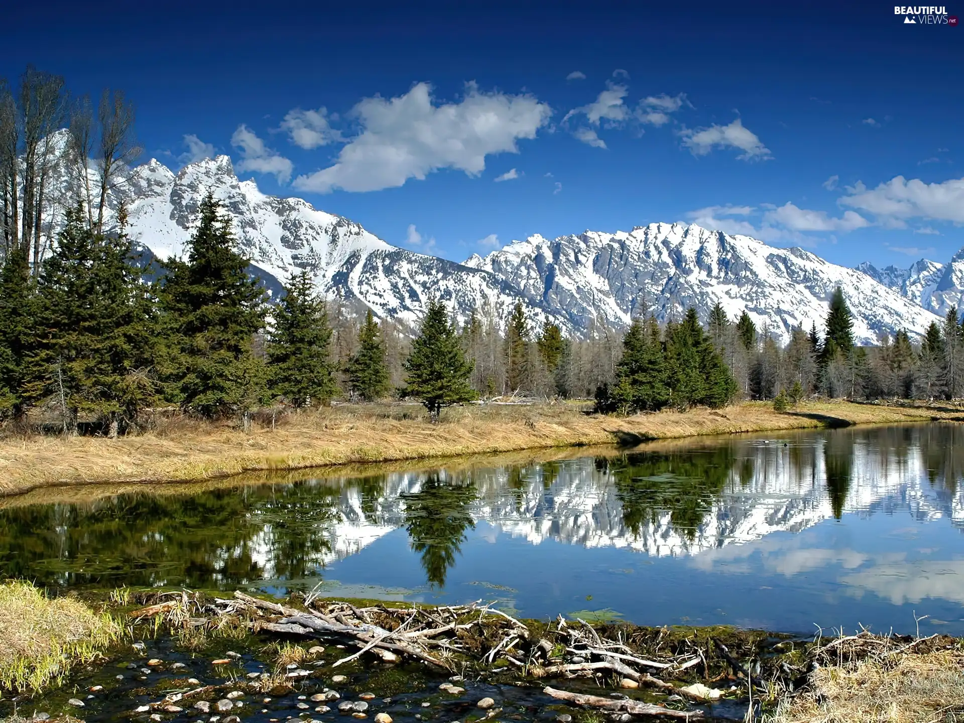 Mountains, lake, peaks