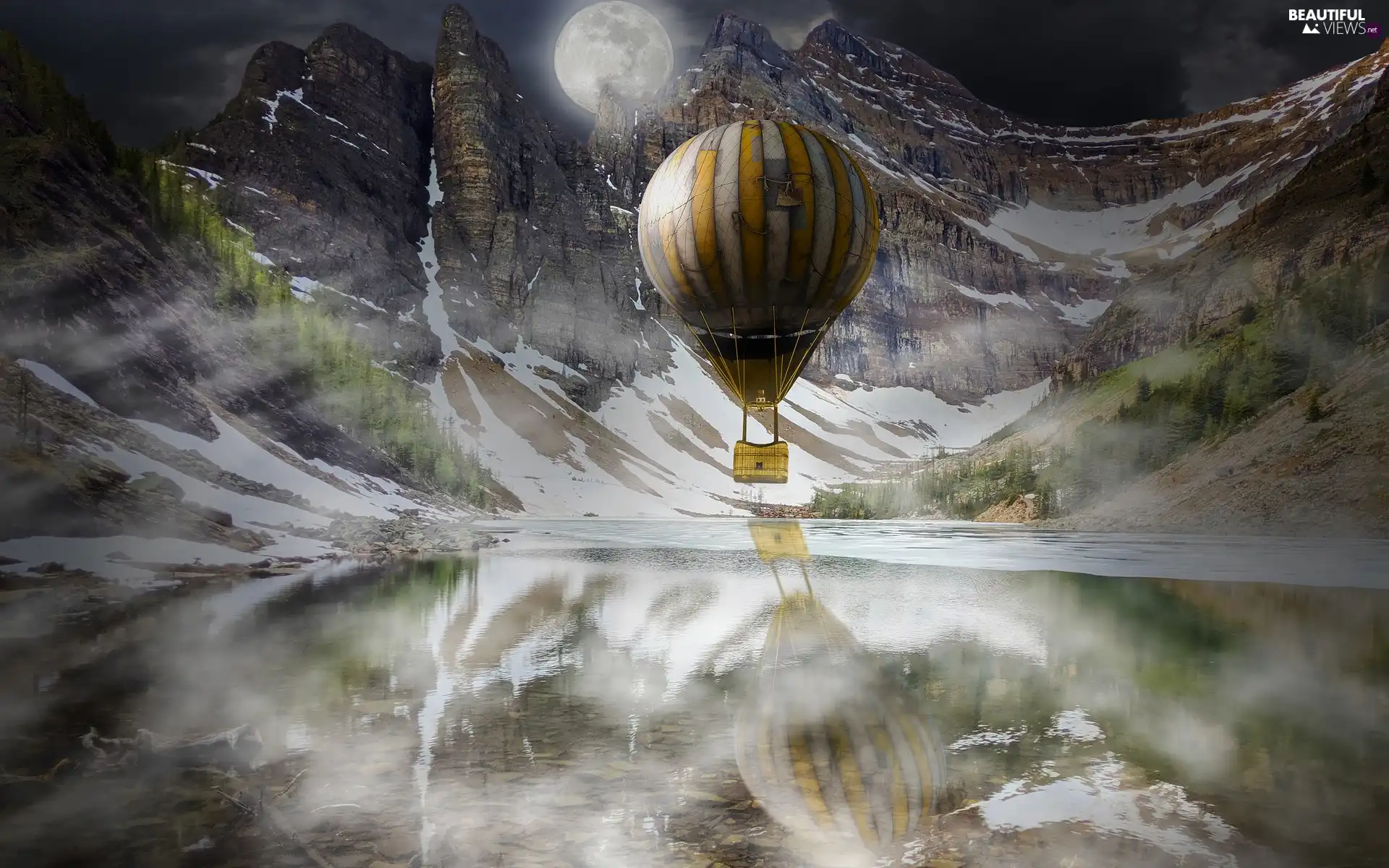 photomontage, lake, Balloon, Mountains