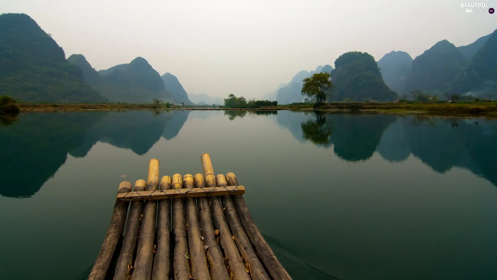 Mountains, River, raft