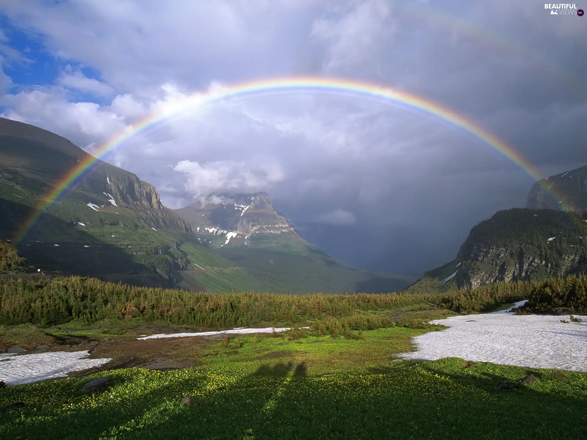 Great Rainbows, clouds, Mountains, Sky