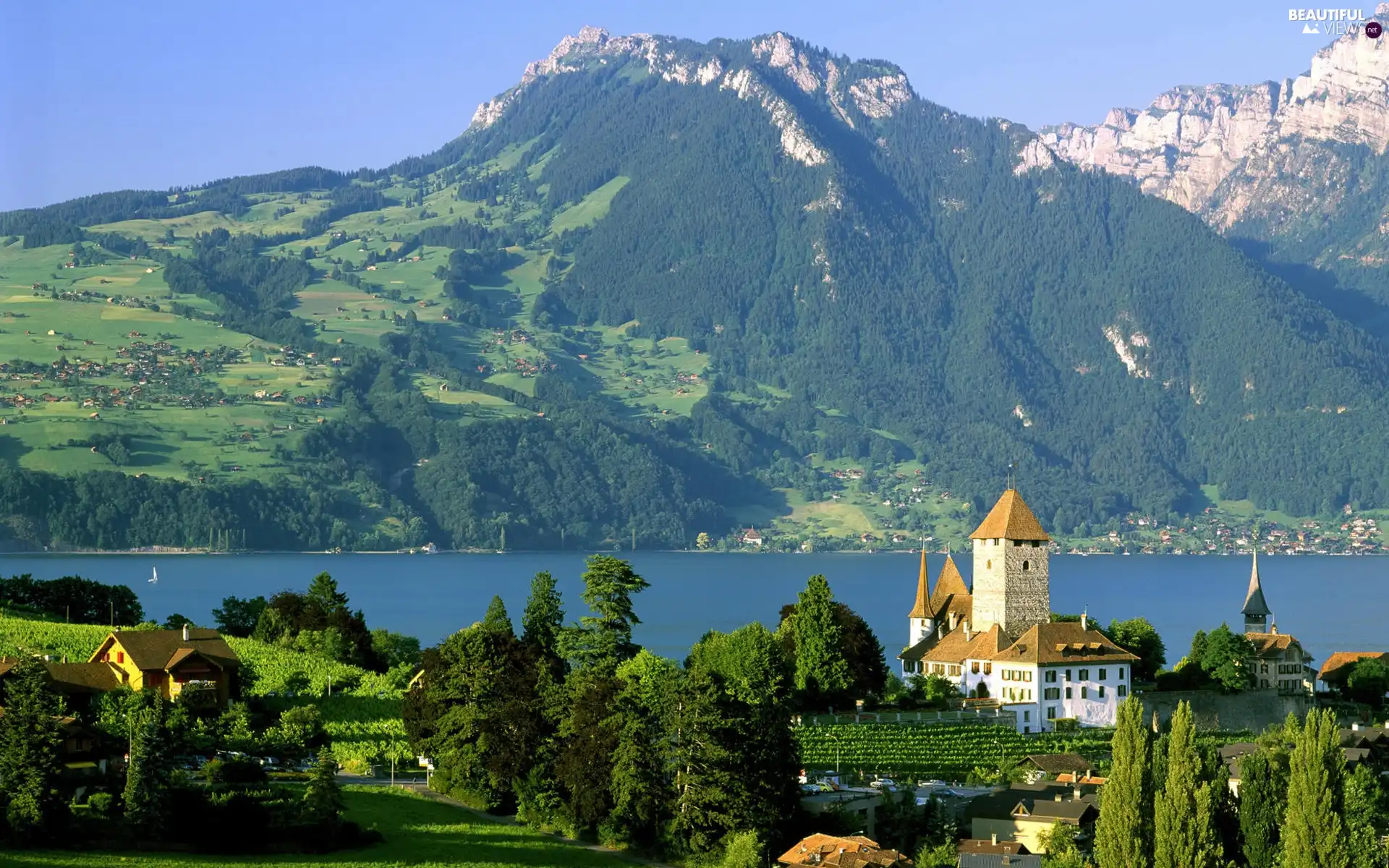 Mountains, Church, River