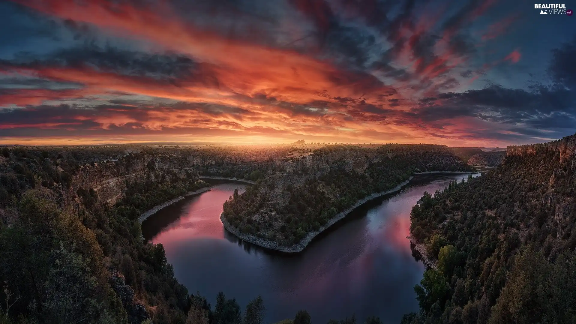 viewes, Great Sunsets, Mountains, trees, River