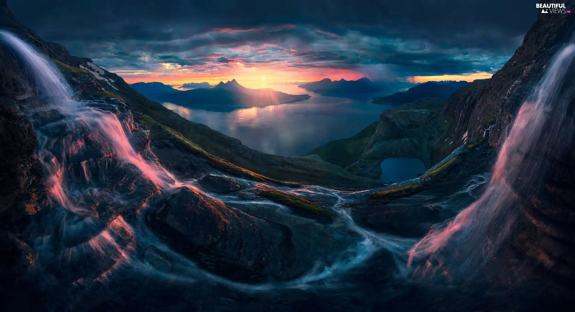 Mountains, Norway, rocks, Great Sunsets, waterfall, Lofoten