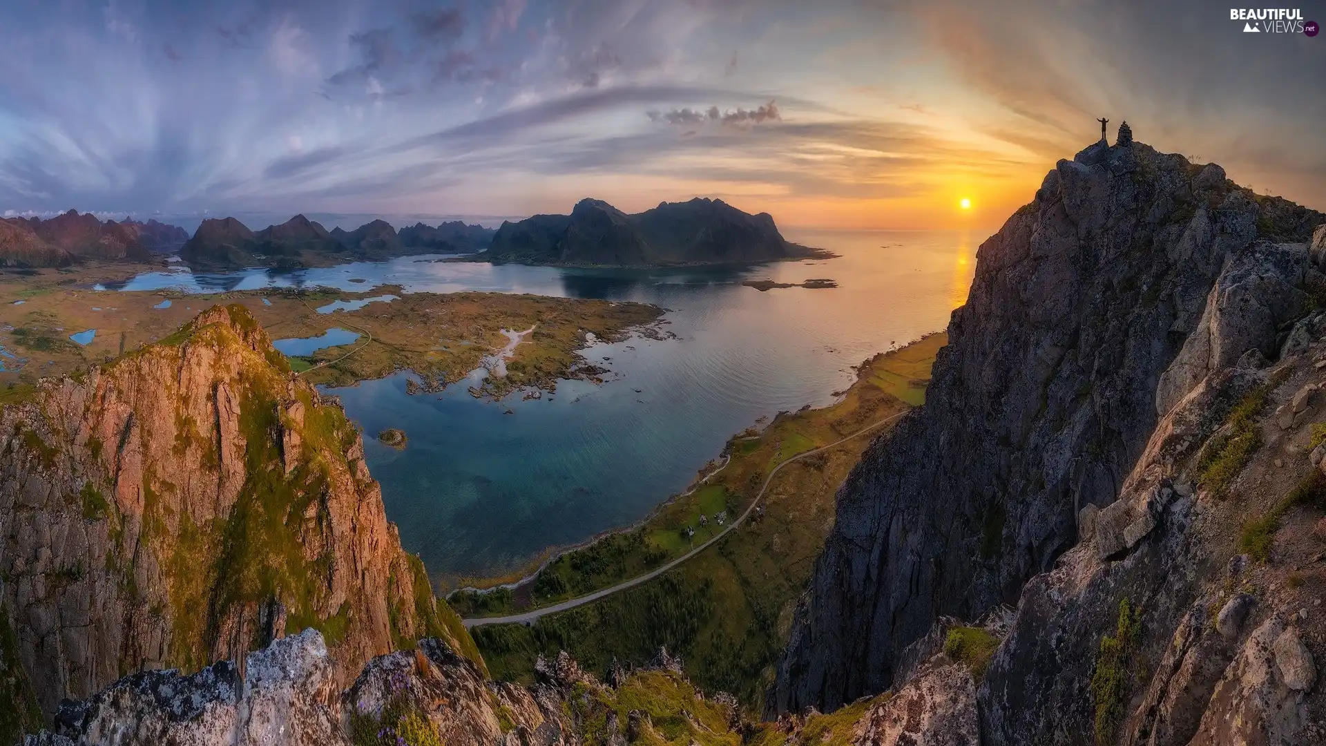 Mountains, Lofoten, Human, North Sea, Norway, rocks, Great Sunsets
