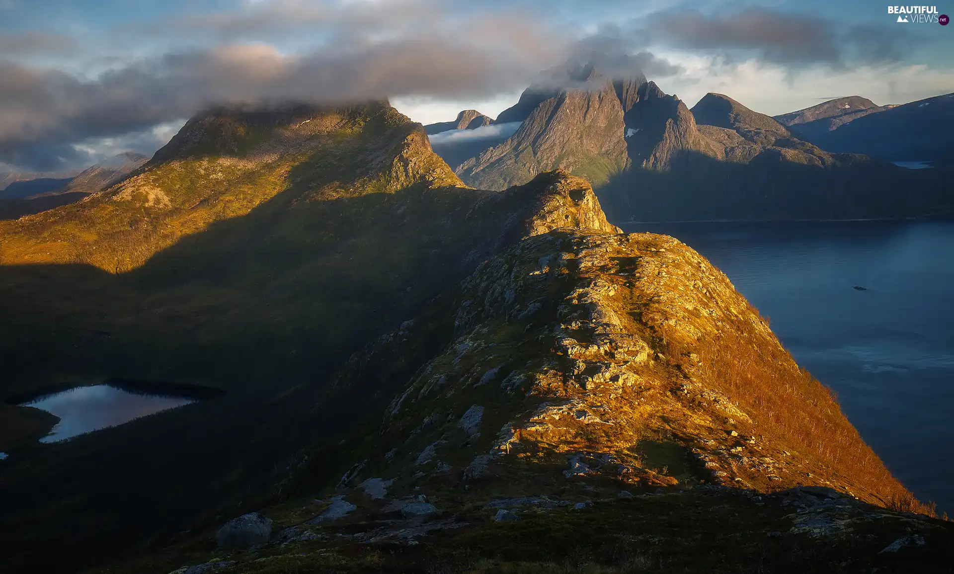 Mountains, Norway, sea, clouds, peaks, Senja Island