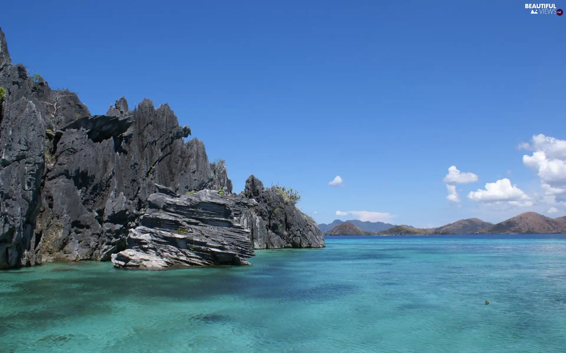 sea, rocks, Mountains, Waves