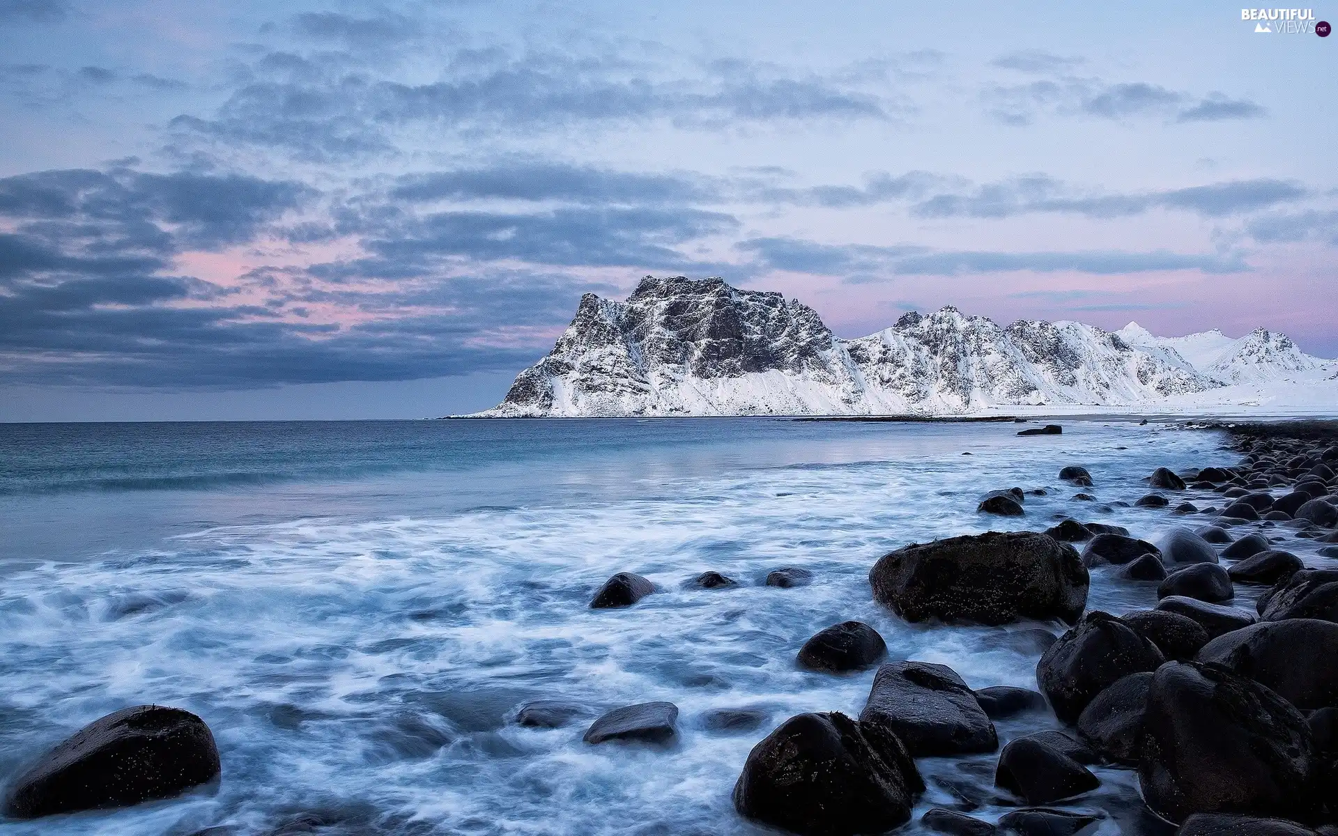 sea, Stones, Mountains, Waves