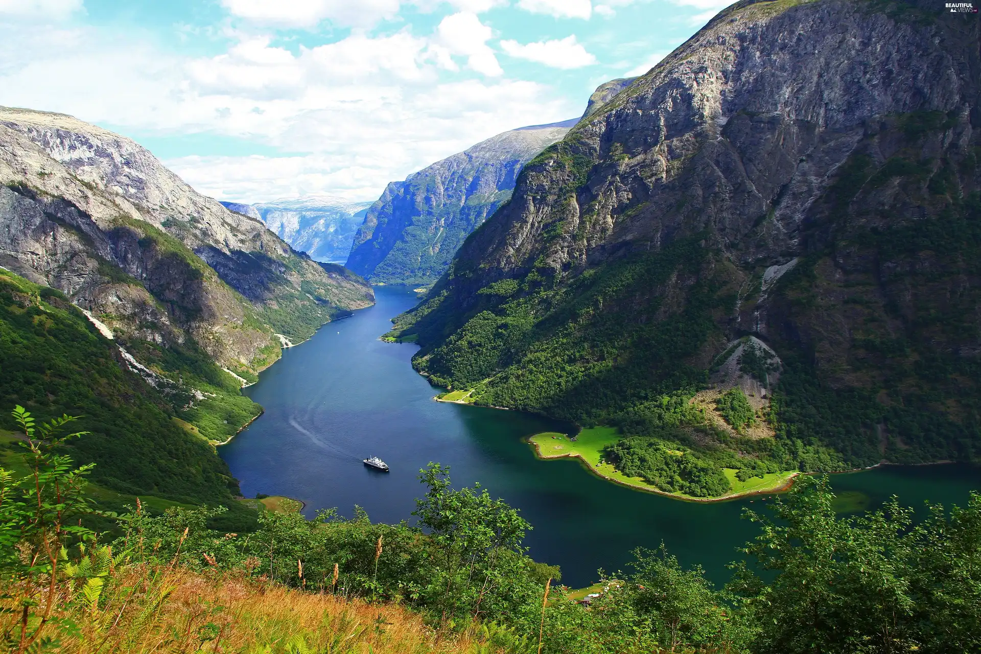 Norway, Mountains, Ship, Fiord Sognefjorden