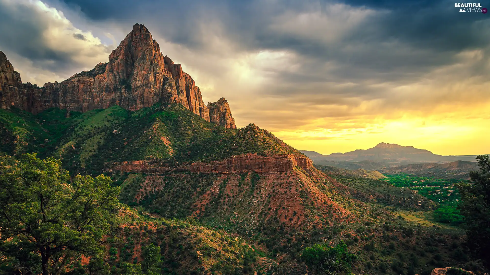 Utah State, The United States, Zion National Park, Mountains, Sunrise, clouds, viewes, Bush, trees