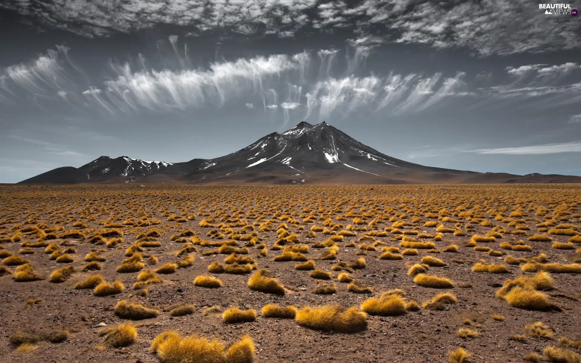 steppe, Sky, clouds, mountains