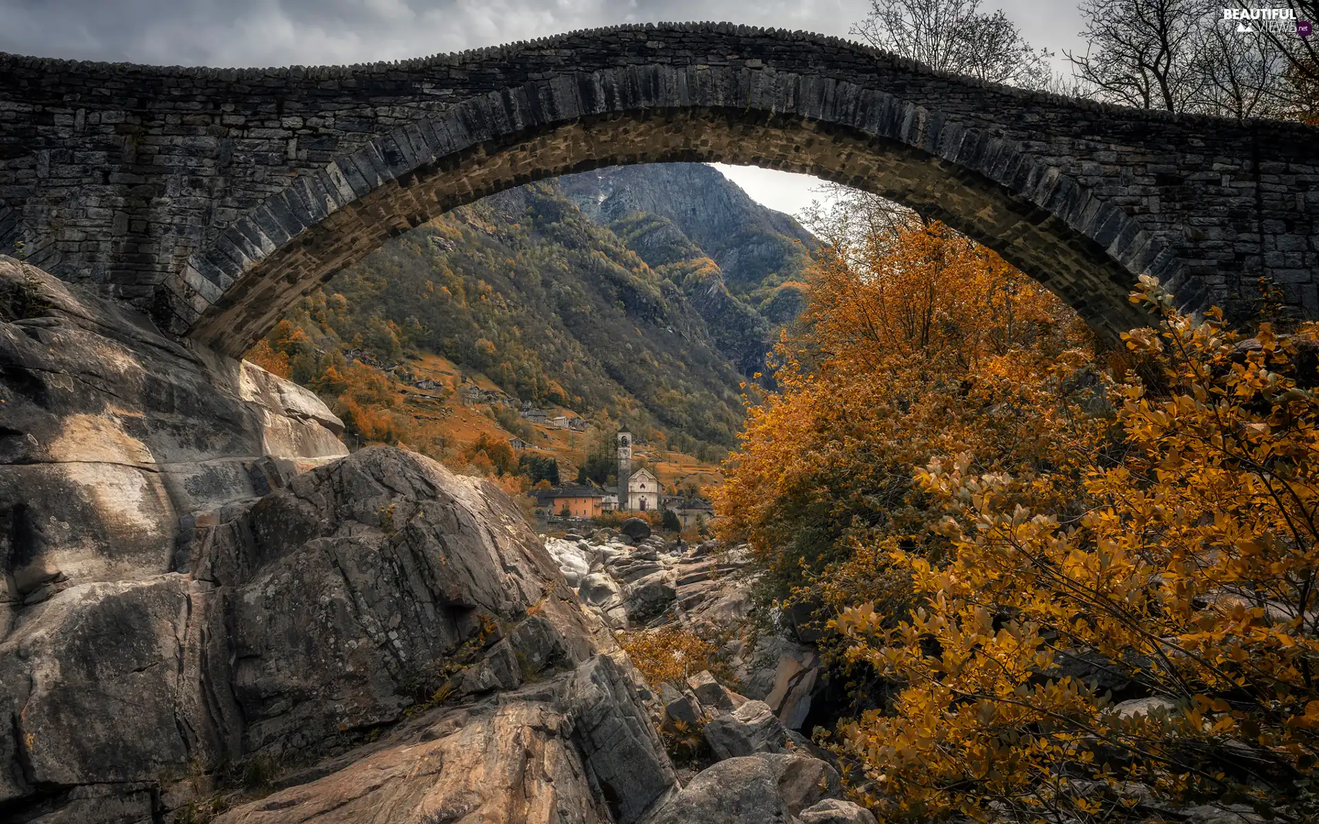 trees, bridge, buildings, Mountains, viewes, Stones