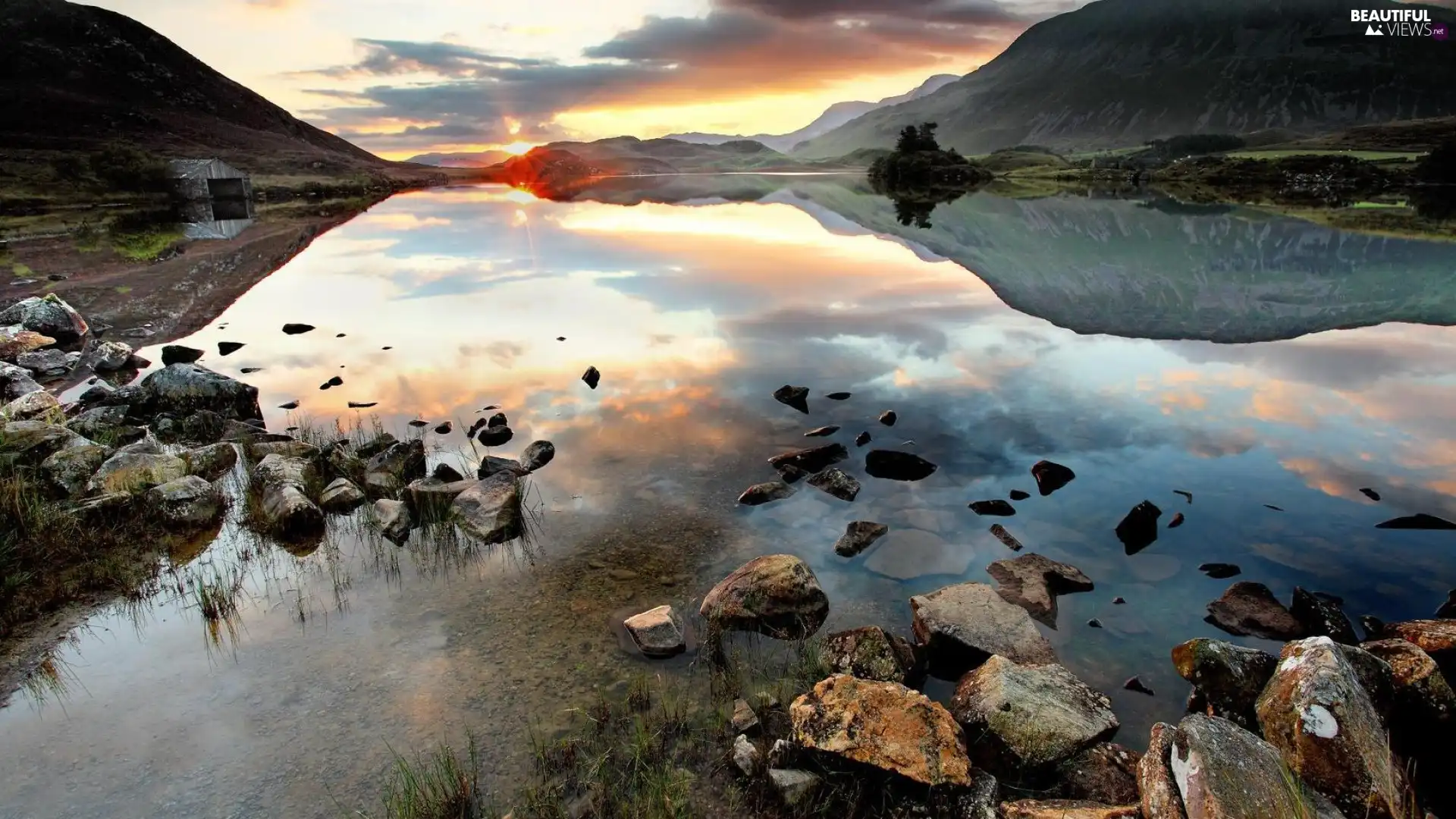 Mountains, lake, Stones