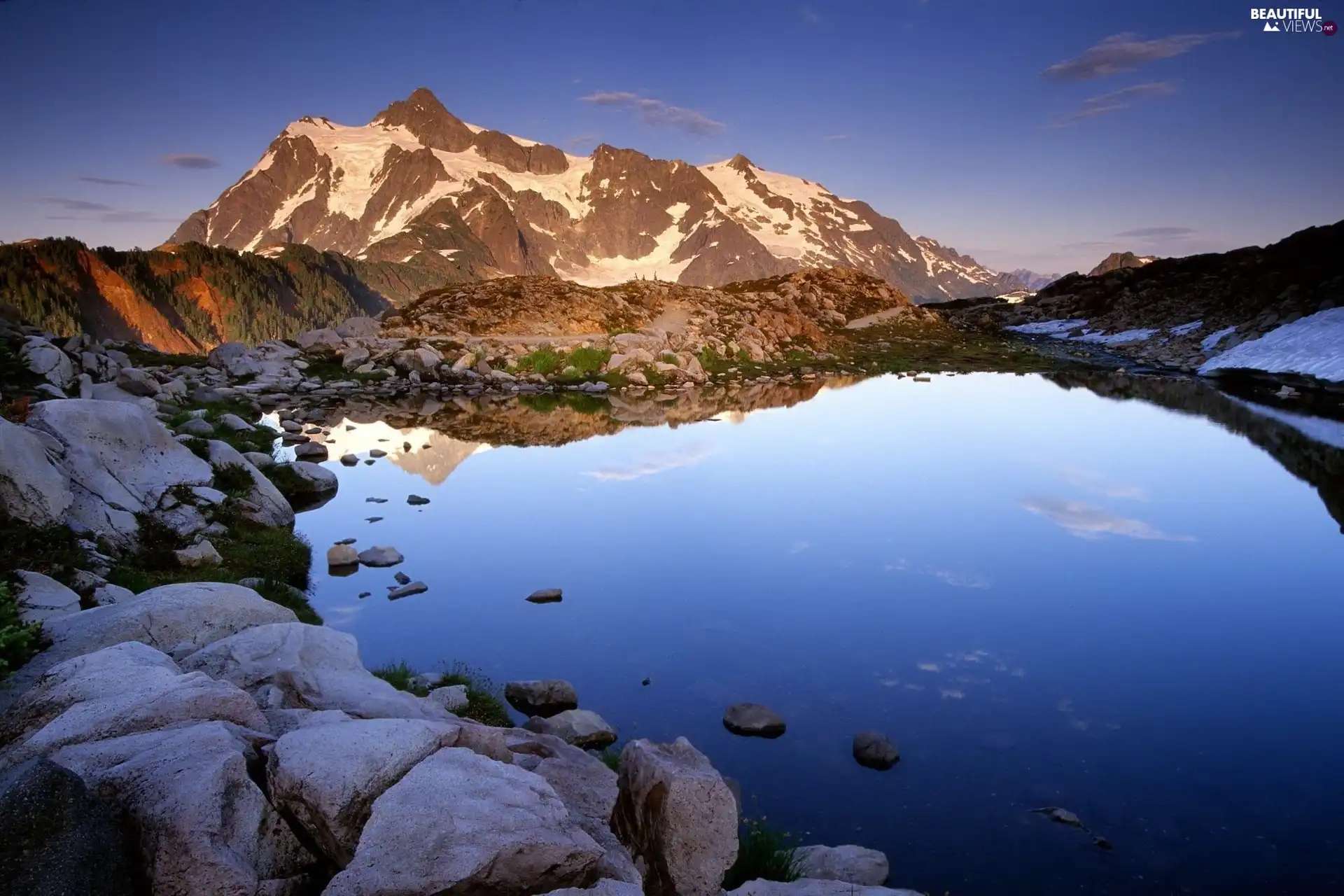 Mountains, lake, Stones