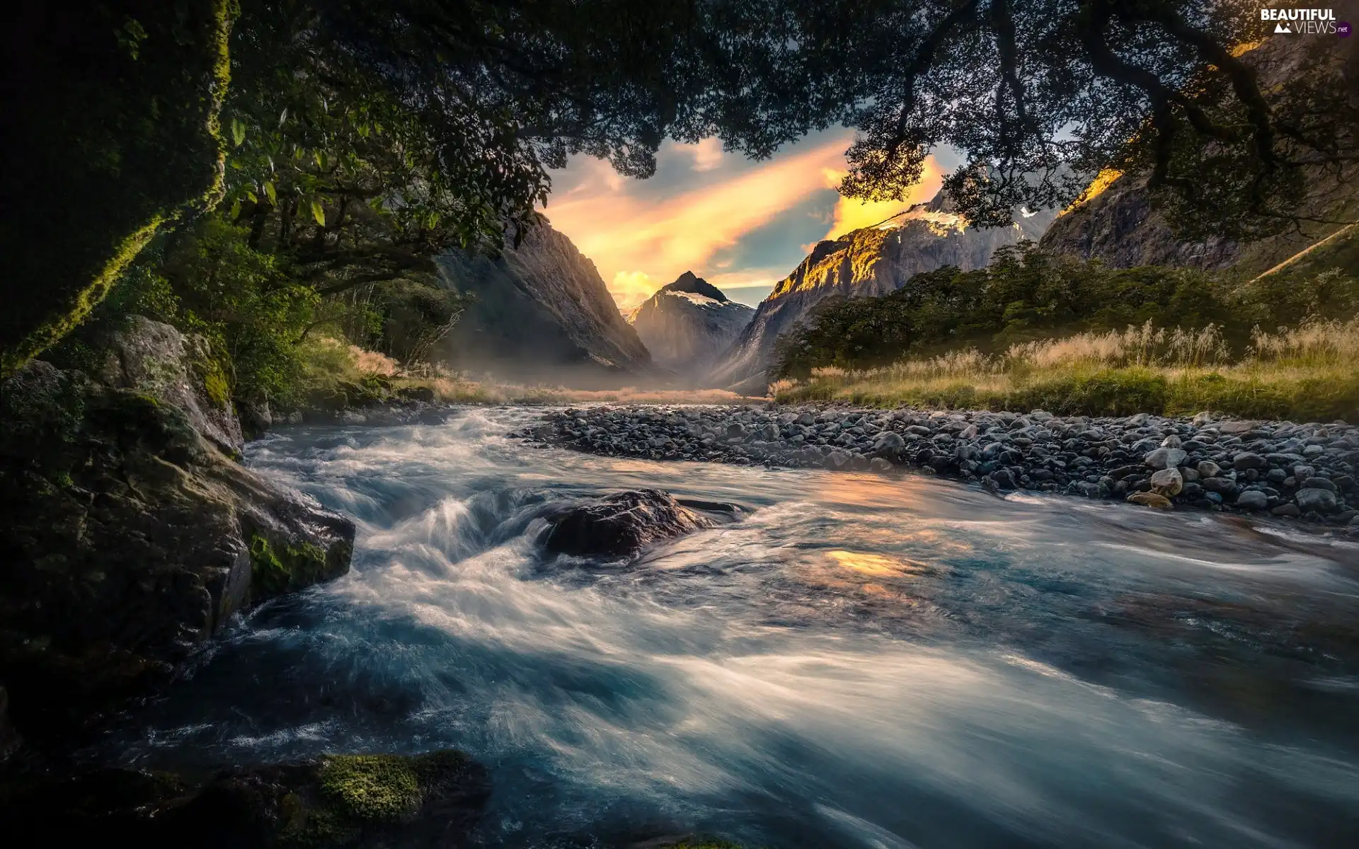 Rocks, River, viewes, Mountains, trees, Stones