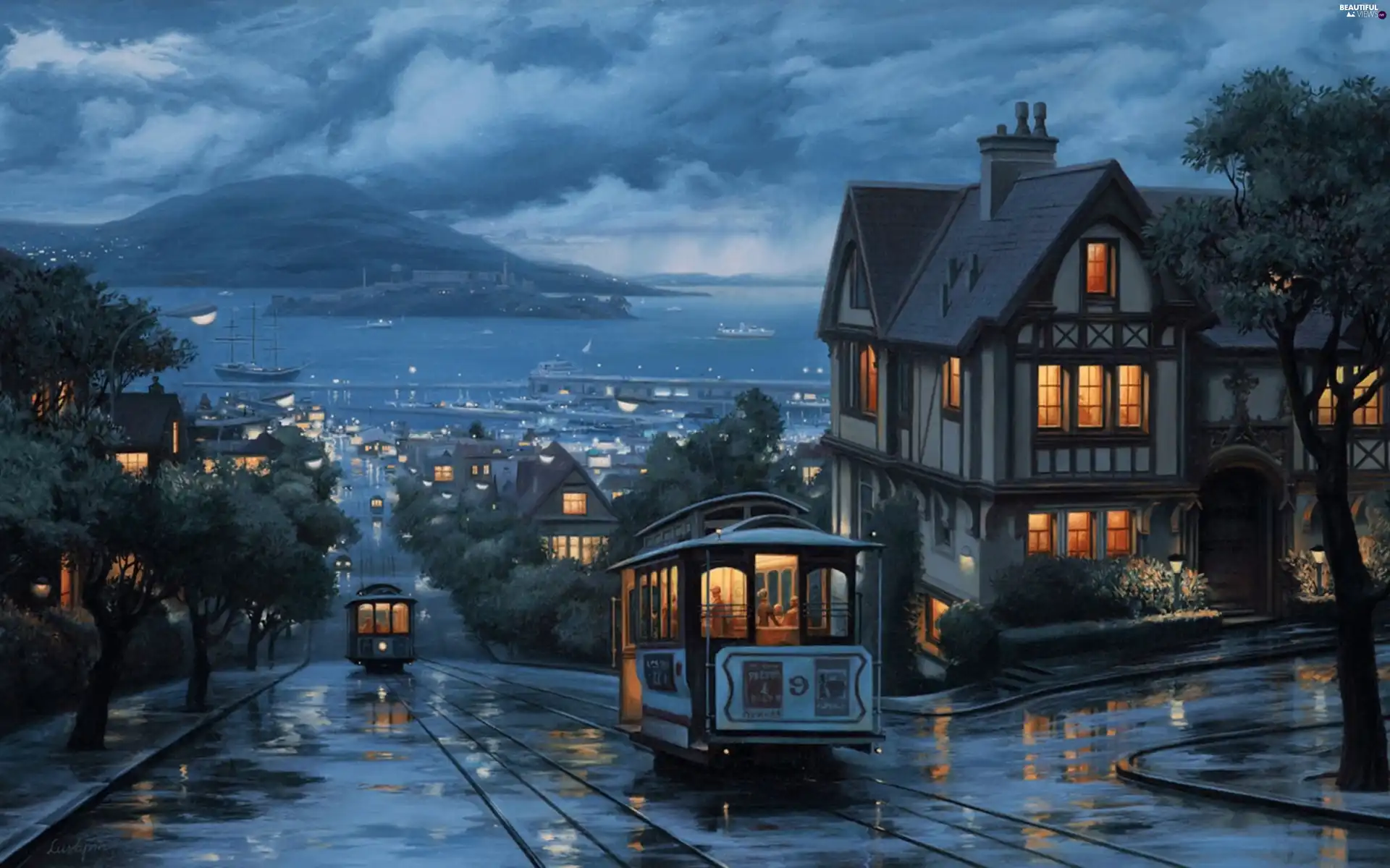 Houses, Street, painting, Eugeny Lushpin, Mountains, trams