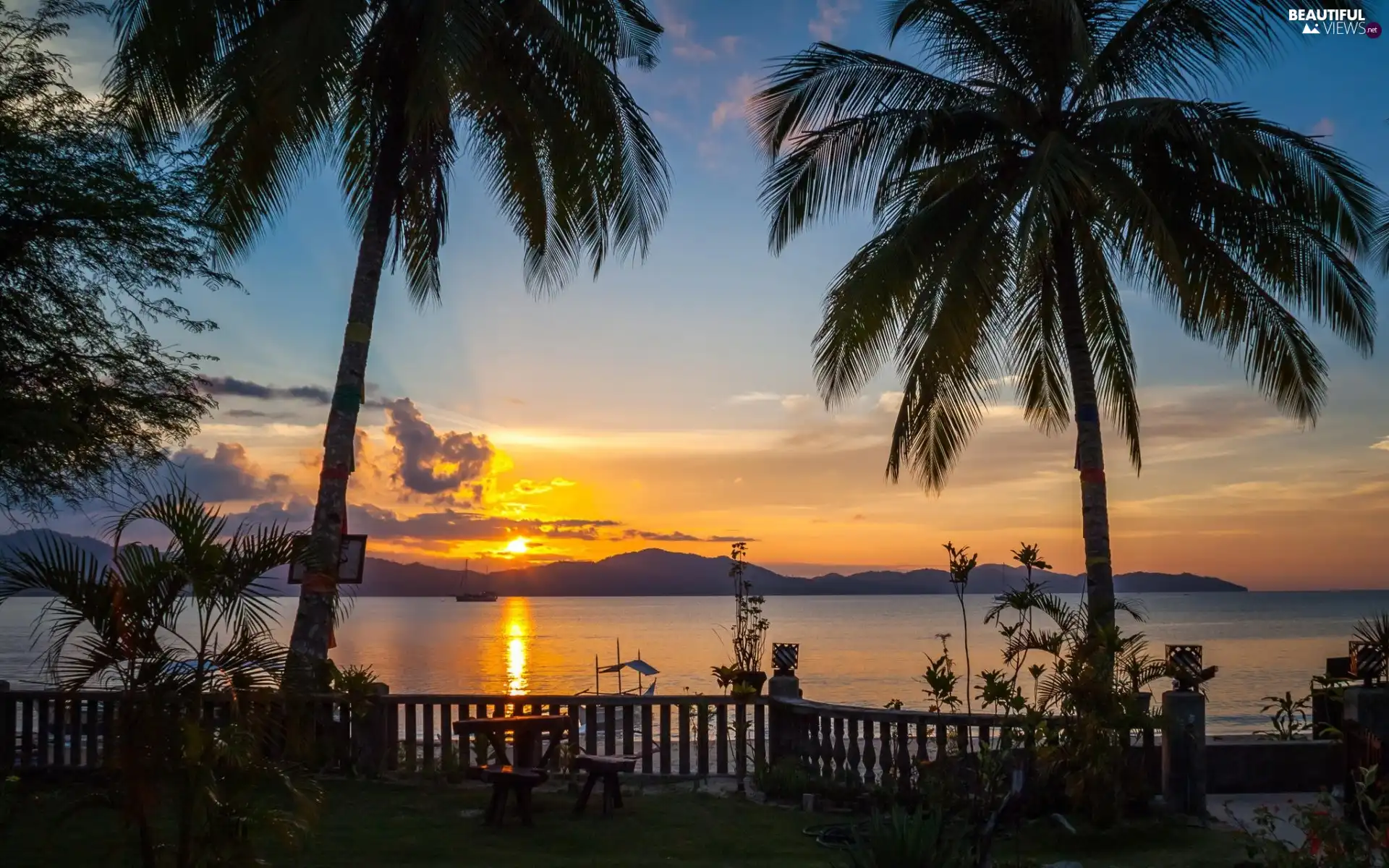 Boats, Palms, west, Beaches, sea, Mountains, sun