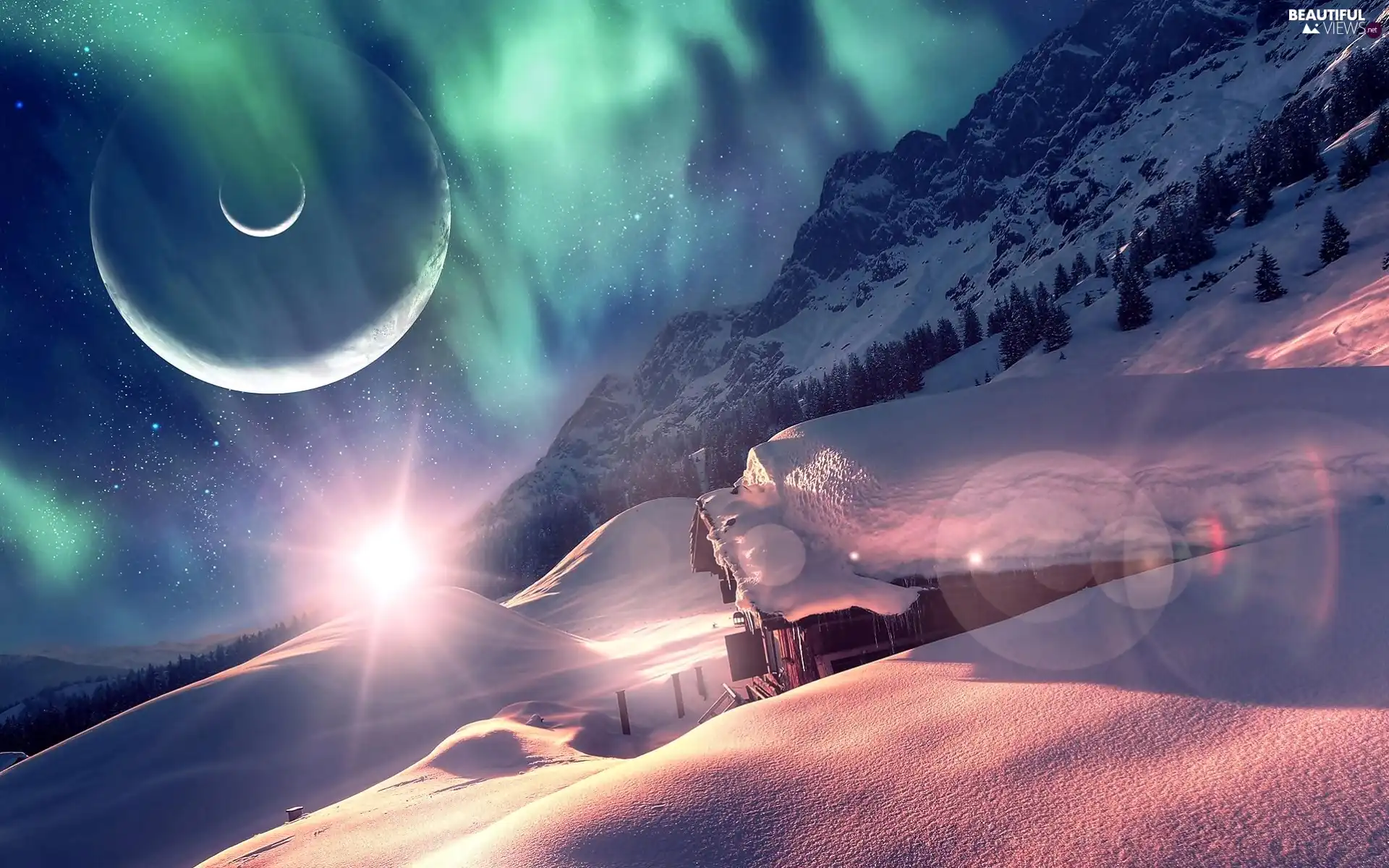 dawn, winter, Planets, Mountains, fantasy, rays of the Sun, house