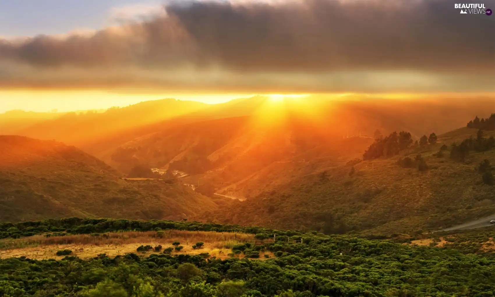 Mountains, west, sun