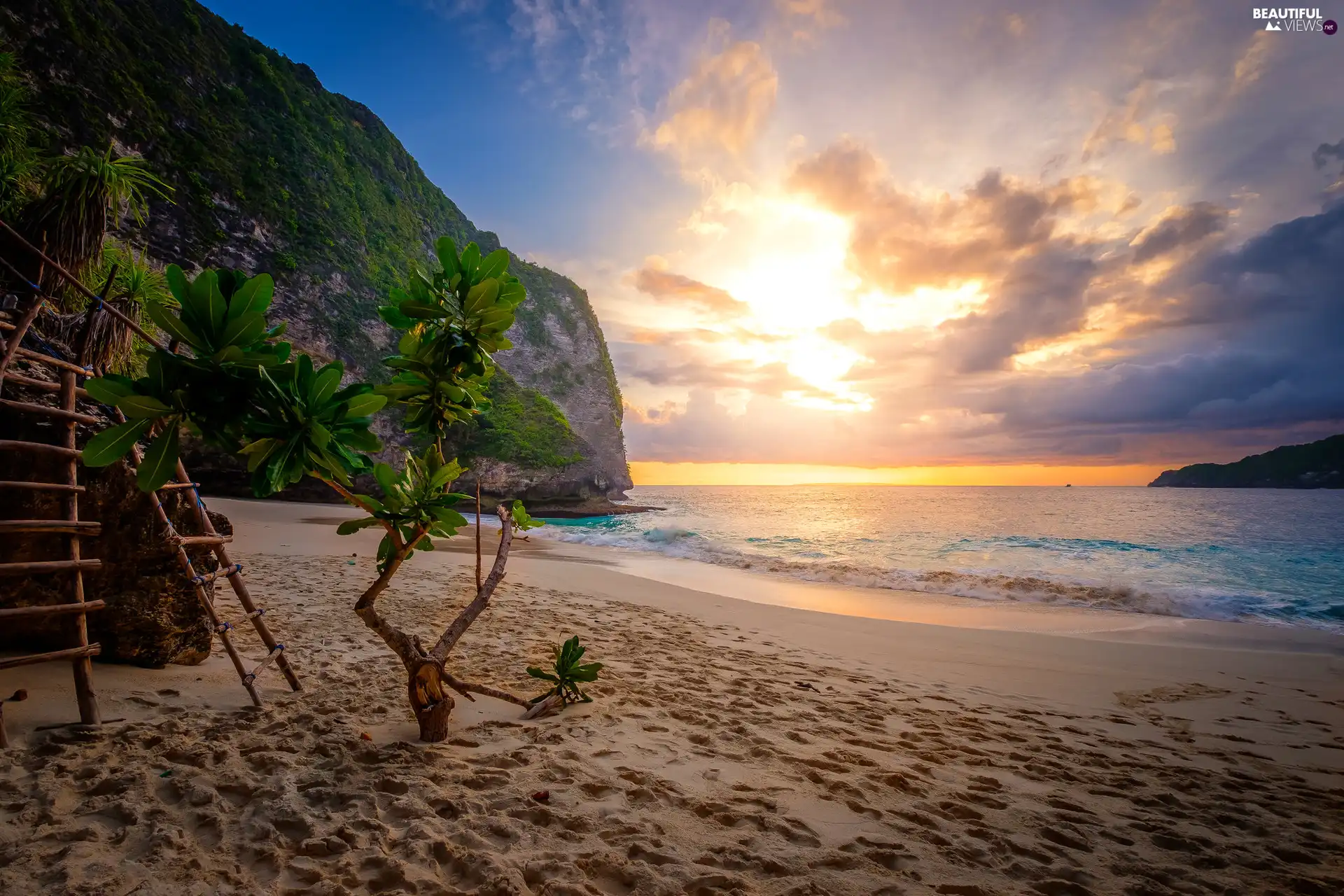 trees, Beaches, Sunrise, mountains, sea, VEGETATION, clouds