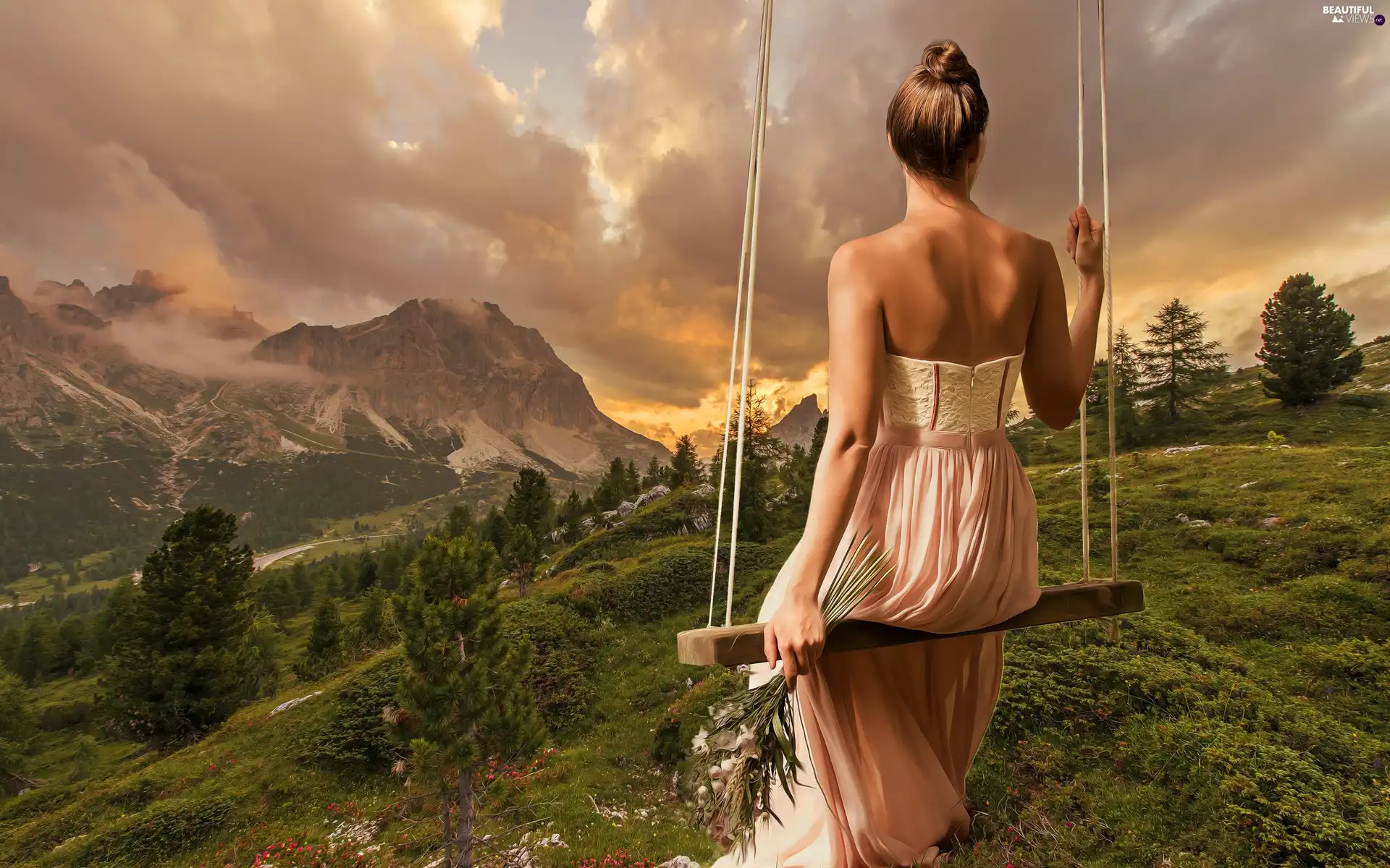 Mountains, Women, clouds, trees, Flowers, graphics, Sunrise, Swing, viewes