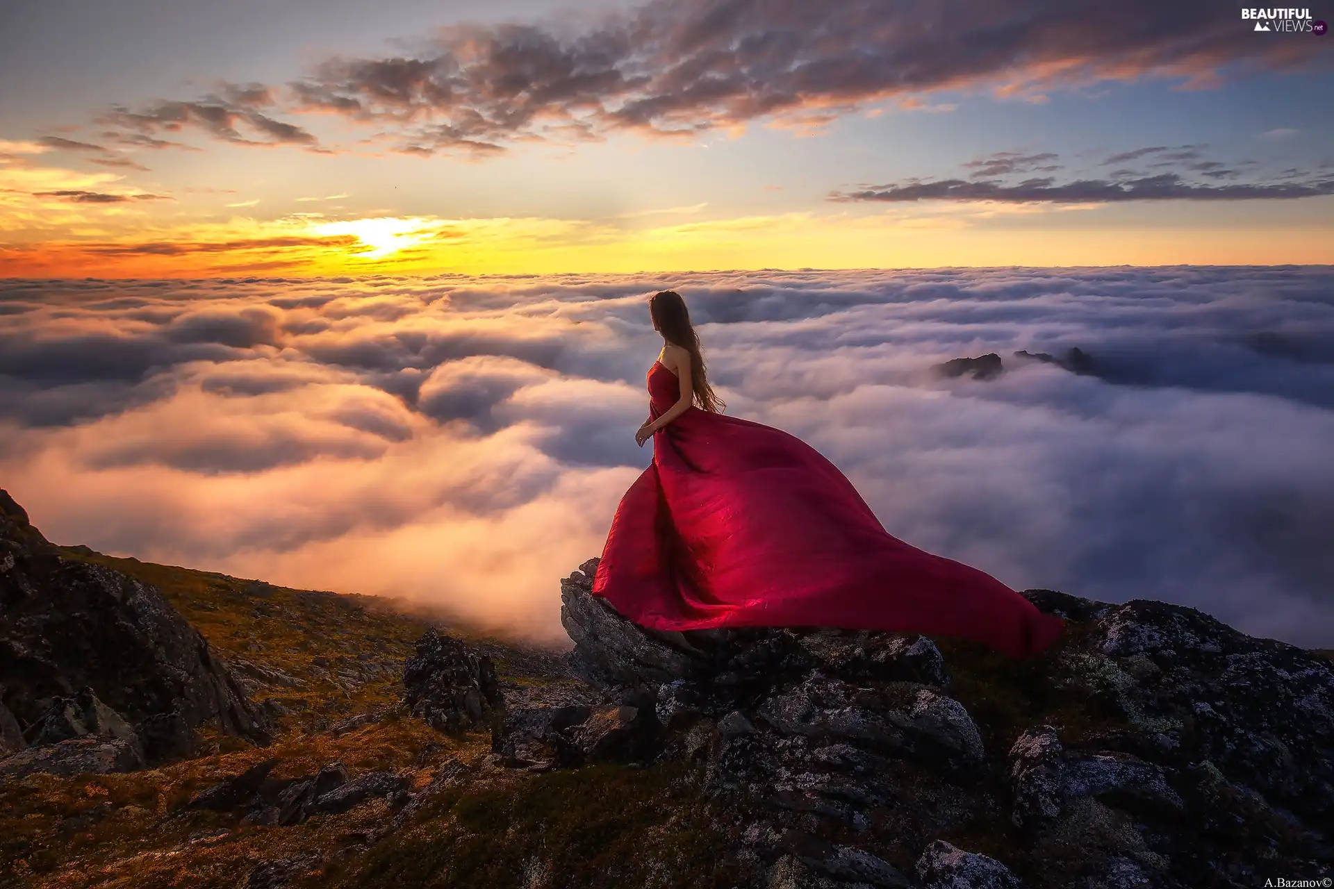 Mountains, Fog, Dress, Sunrise, red hot, Senja Island, Norway, Women