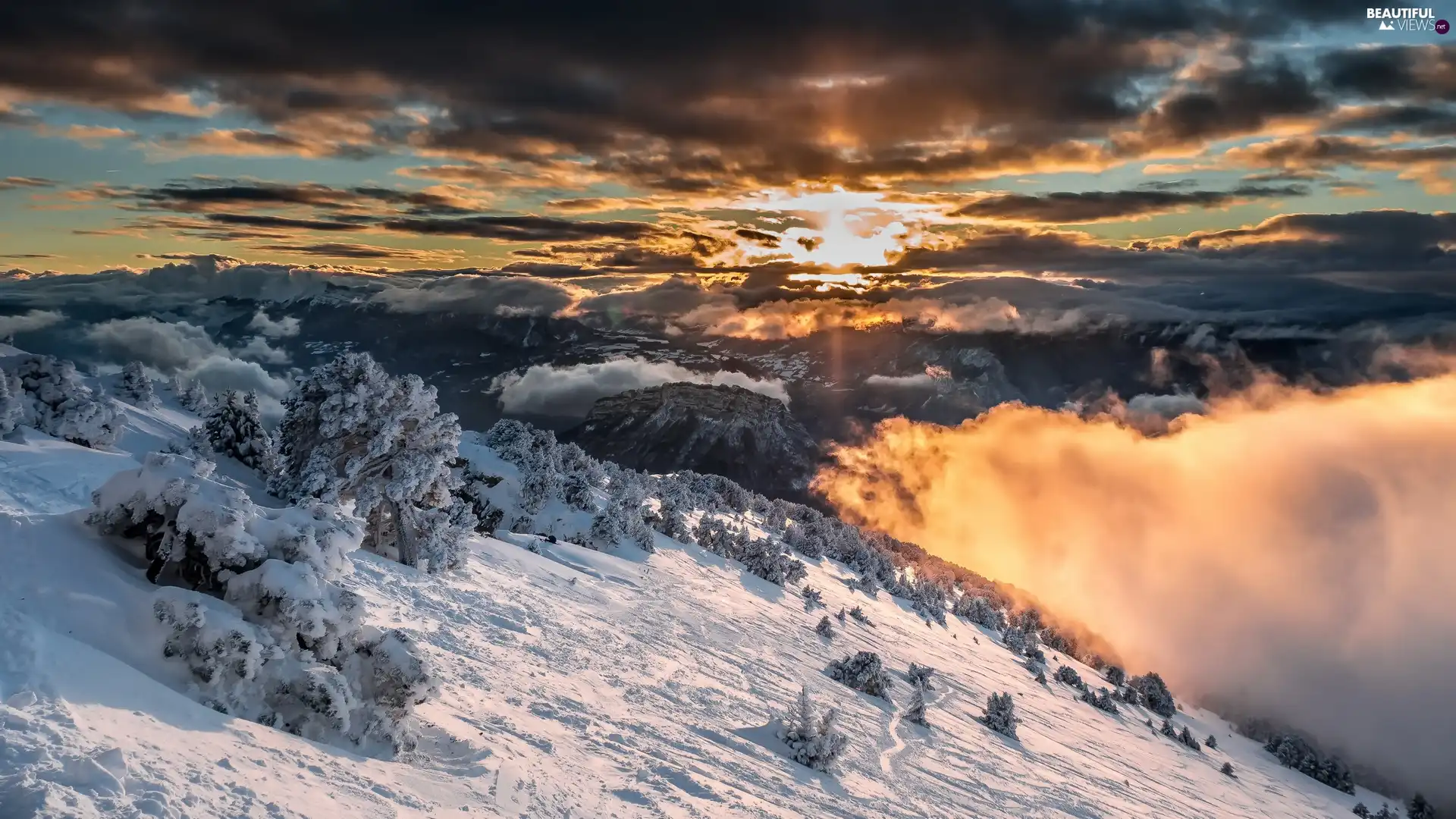 clouds, Great Sunsets, Mountains, Hill-side, winter