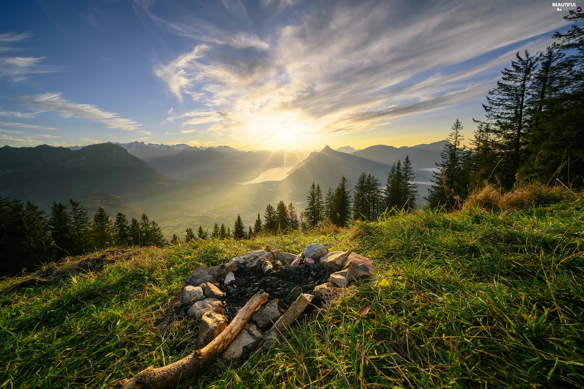 car in the meadow, hearth, trees, viewes, Mountains