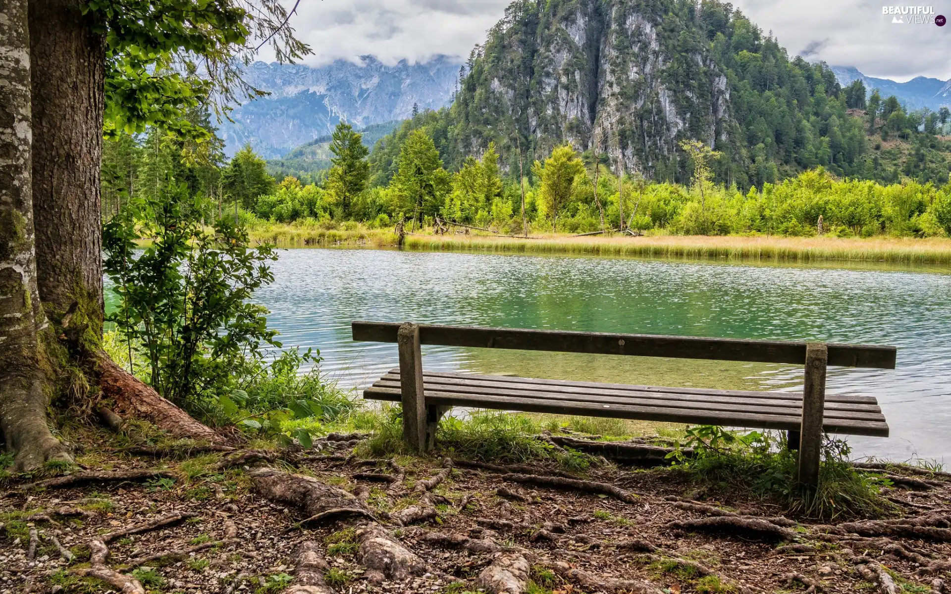 River, Mountains, trees, viewes, Bench