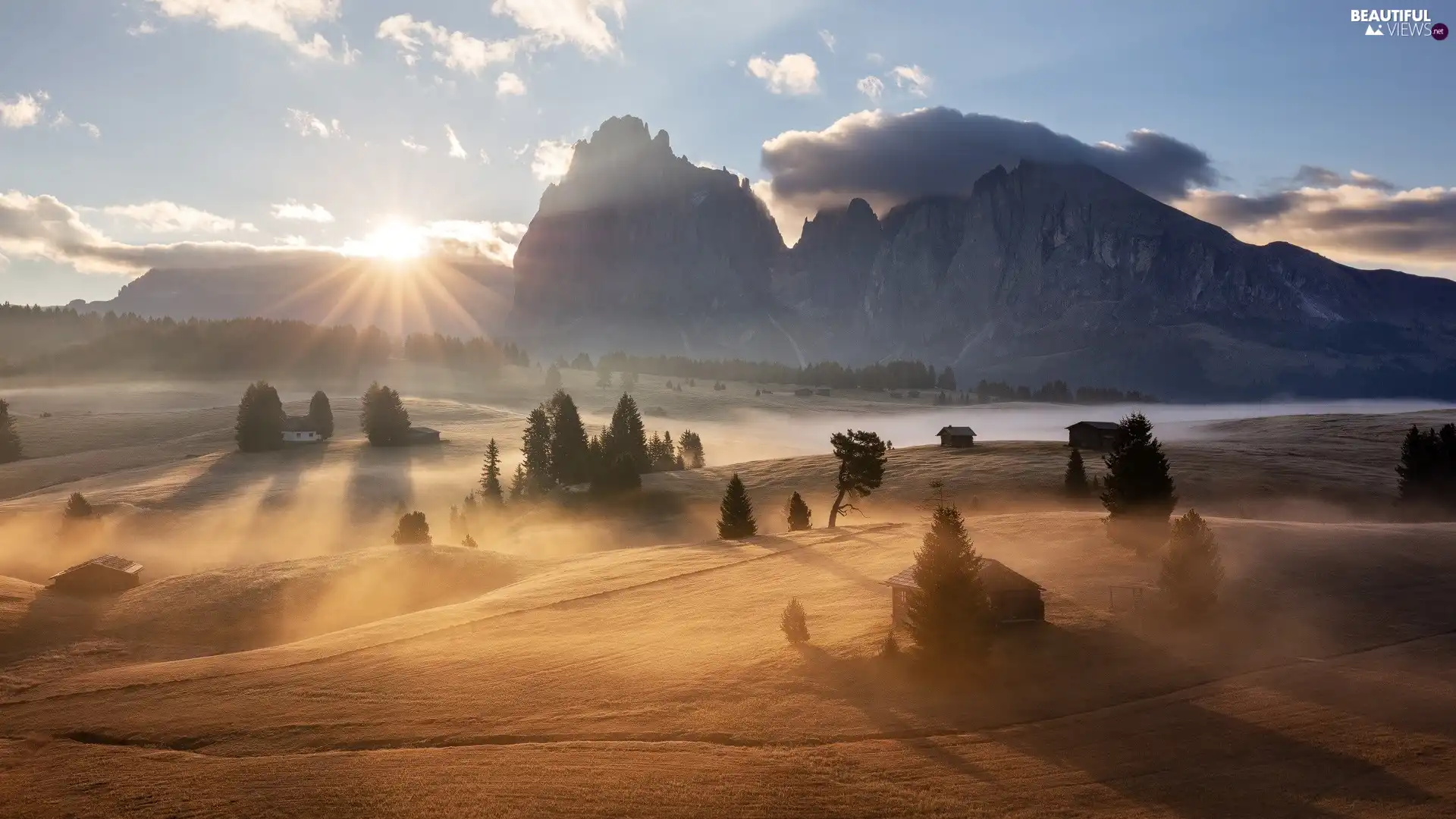 Houses, Seiser Alm Meadow, Dolomites, viewes, Sassolungo Mountains, Italy, Val Gardena Valley, Fog, trees, wood