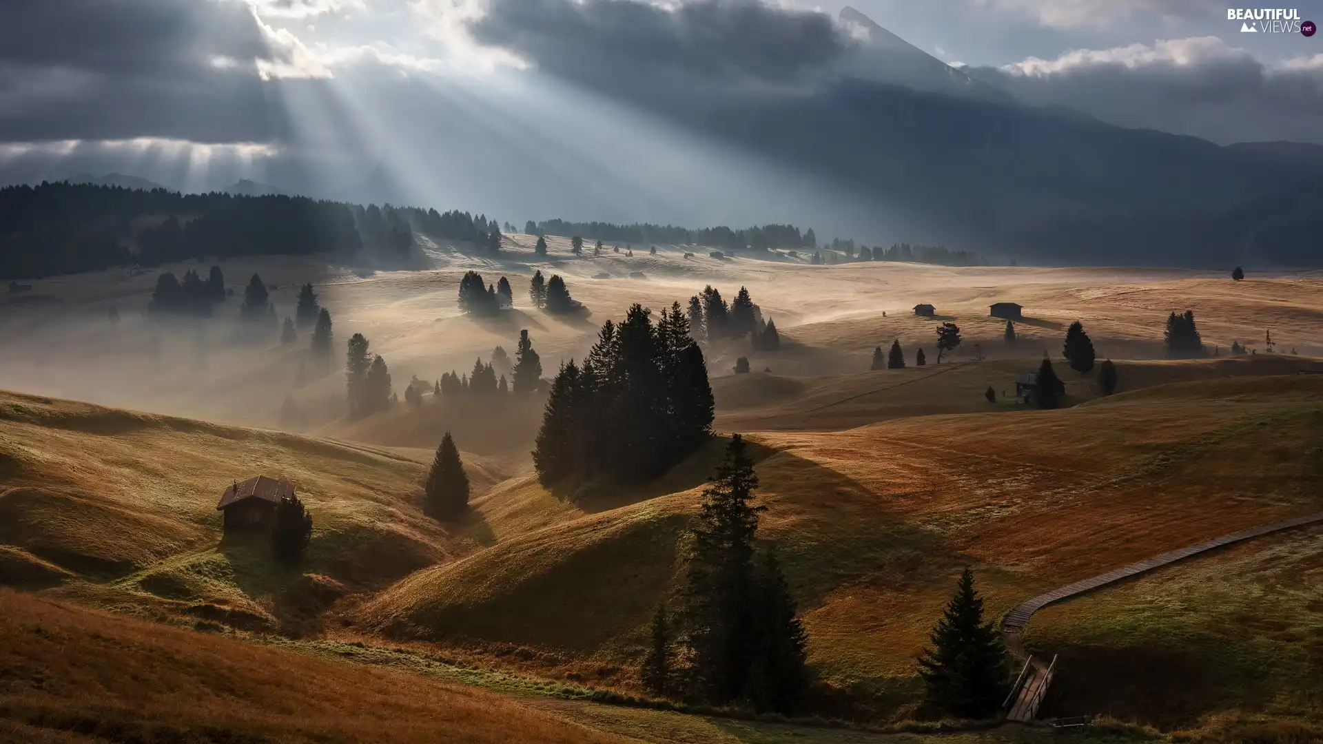 Val Gardena Valley, Sunrise, Dolomites, Mountains, Houses, Italy, viewes, clouds, light breaking through sky, trees, Seiser Alm Meadow