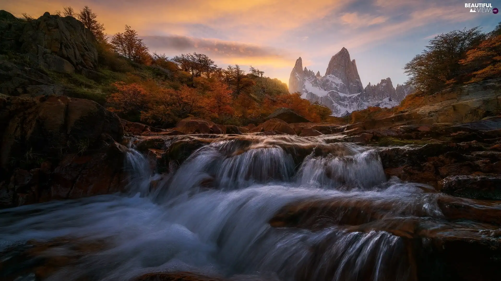 Patagonia, Argentina, Los Glaciares National Park, Andes Mountains, River, autumn, trees, viewes, Fitz Roy Mountain