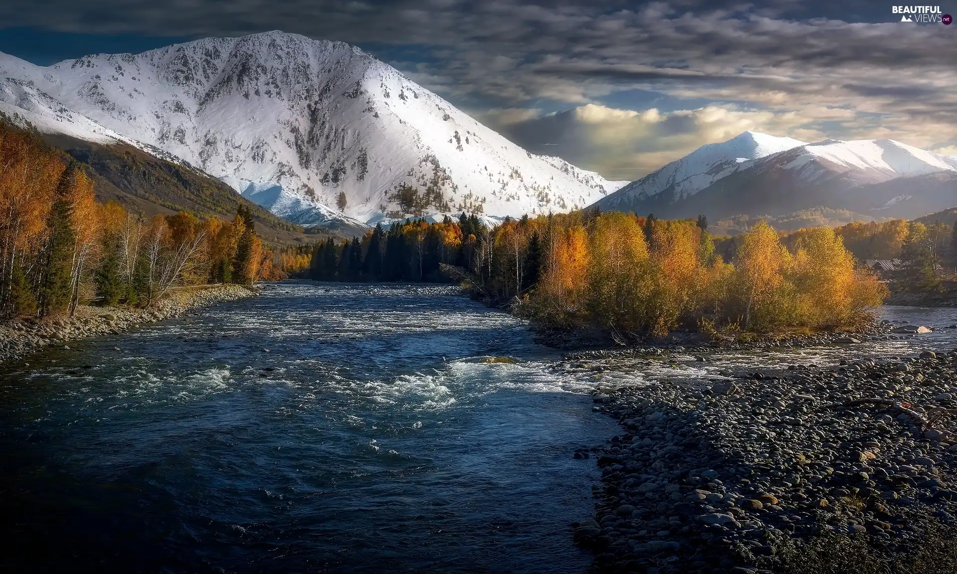 snow, Snowy, viewes, Mountains, River, trees, Stones