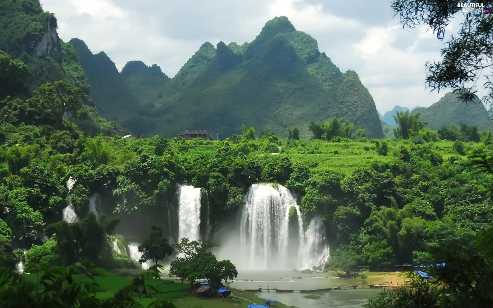 waterfall, viewes, Mountains, trees