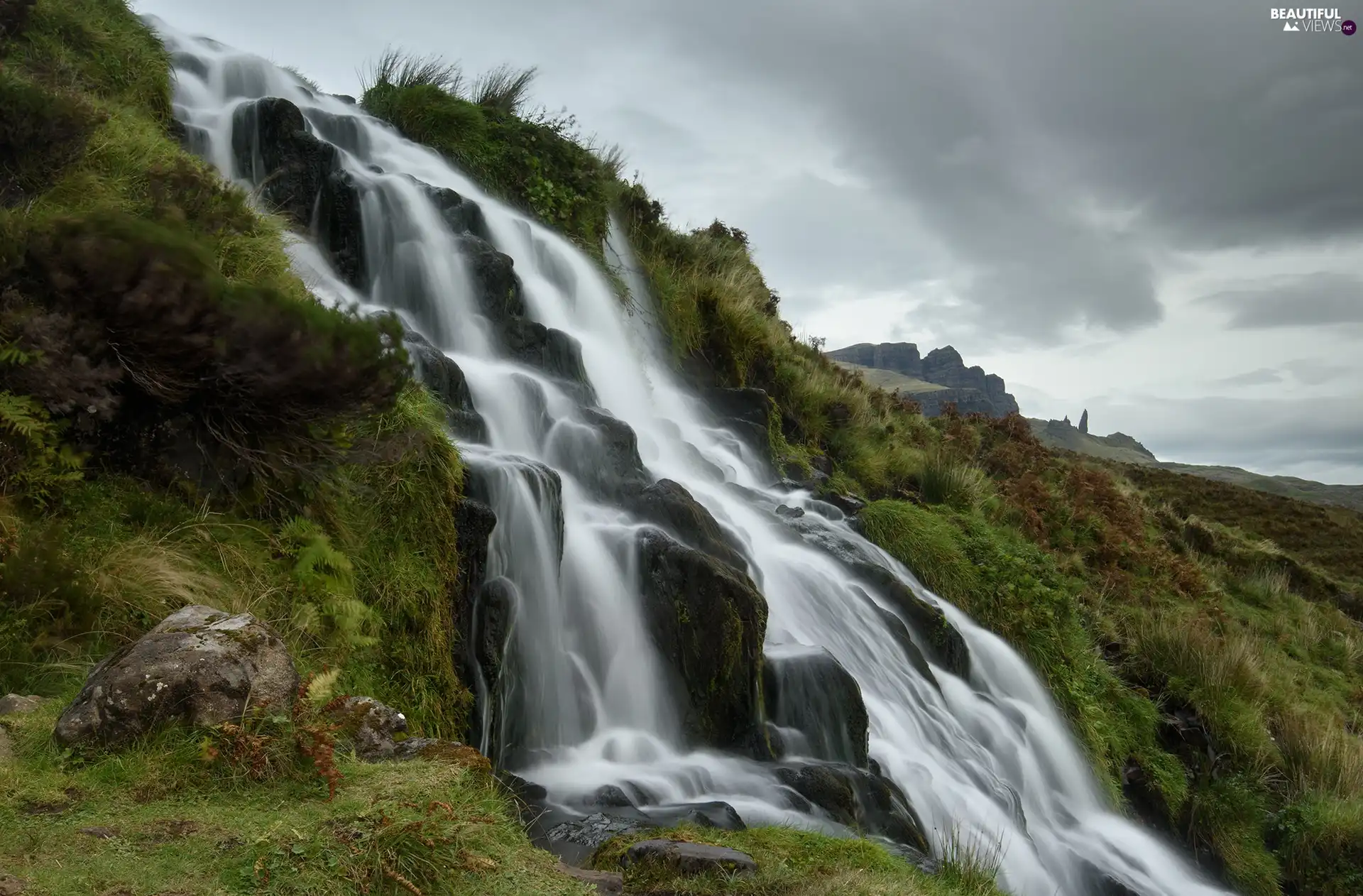 waterfall, mountains