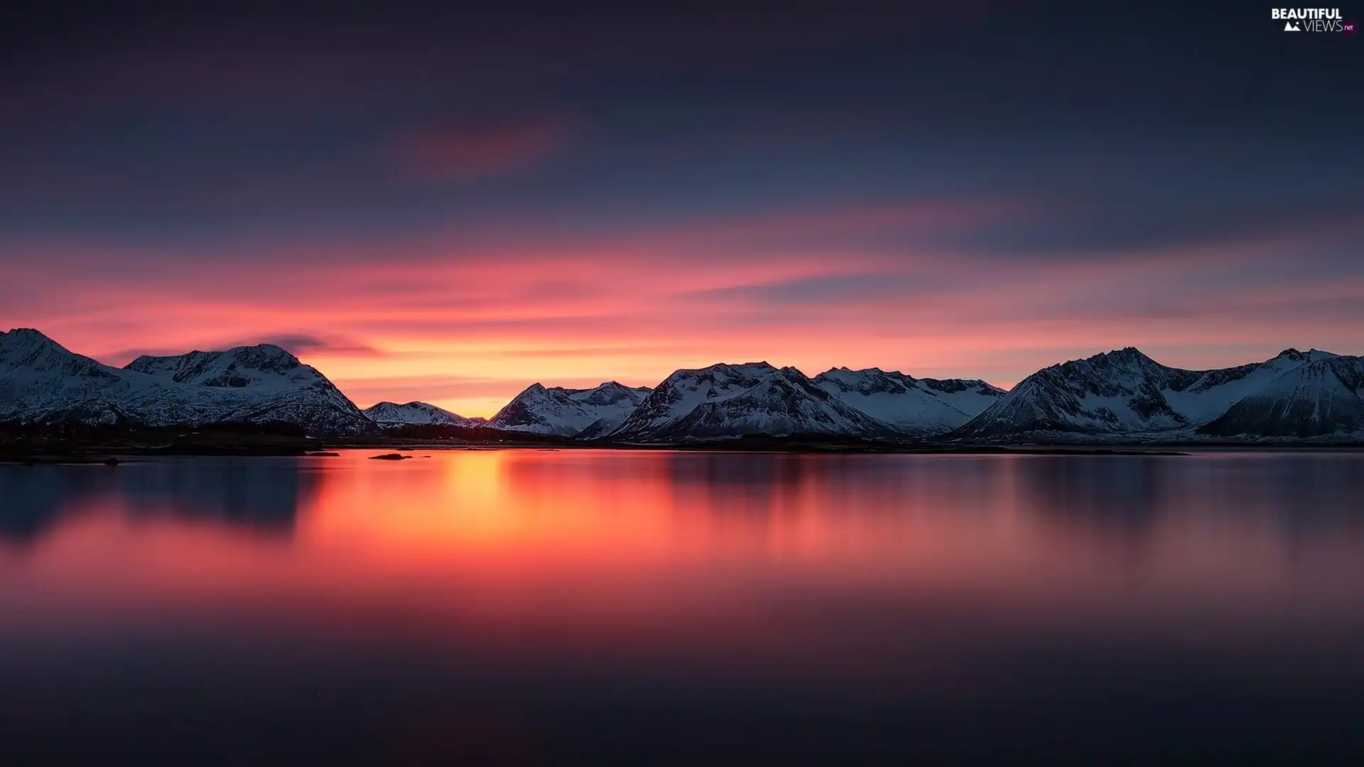 west, lake, Mountains, sun