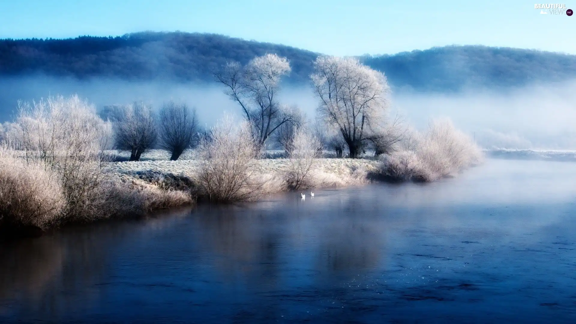 viewes, River, Mountains, winter, Fog, trees