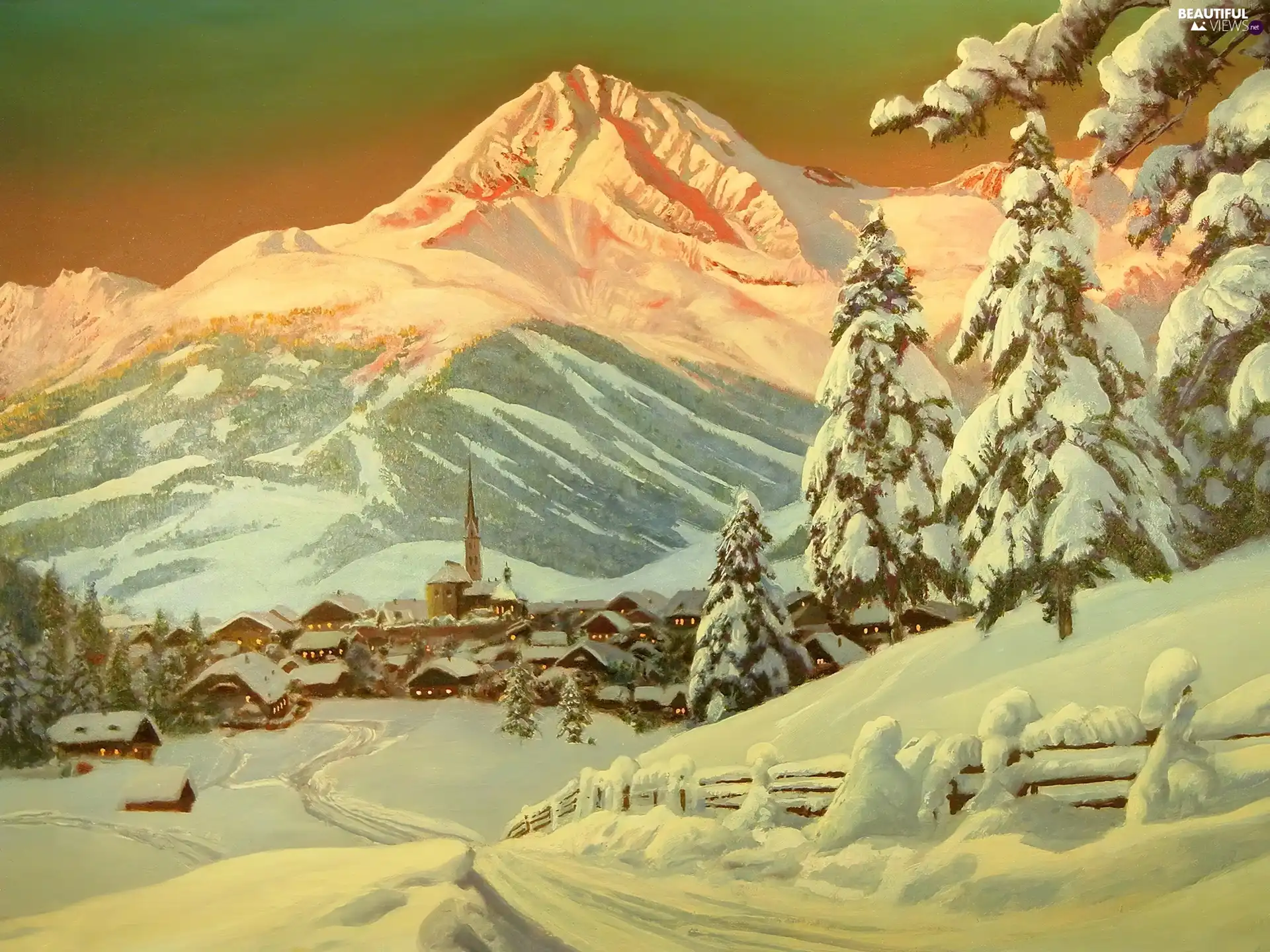 Mountains, winter, U, The foothills, Town