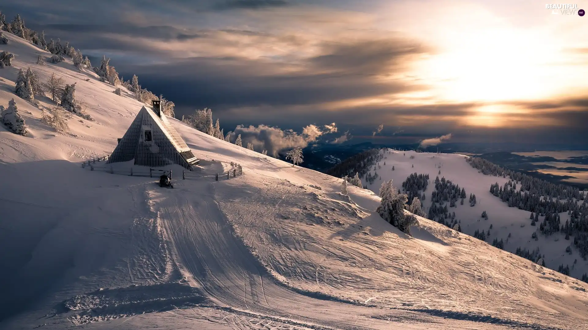 winter, Sunrise, Home, Mountains