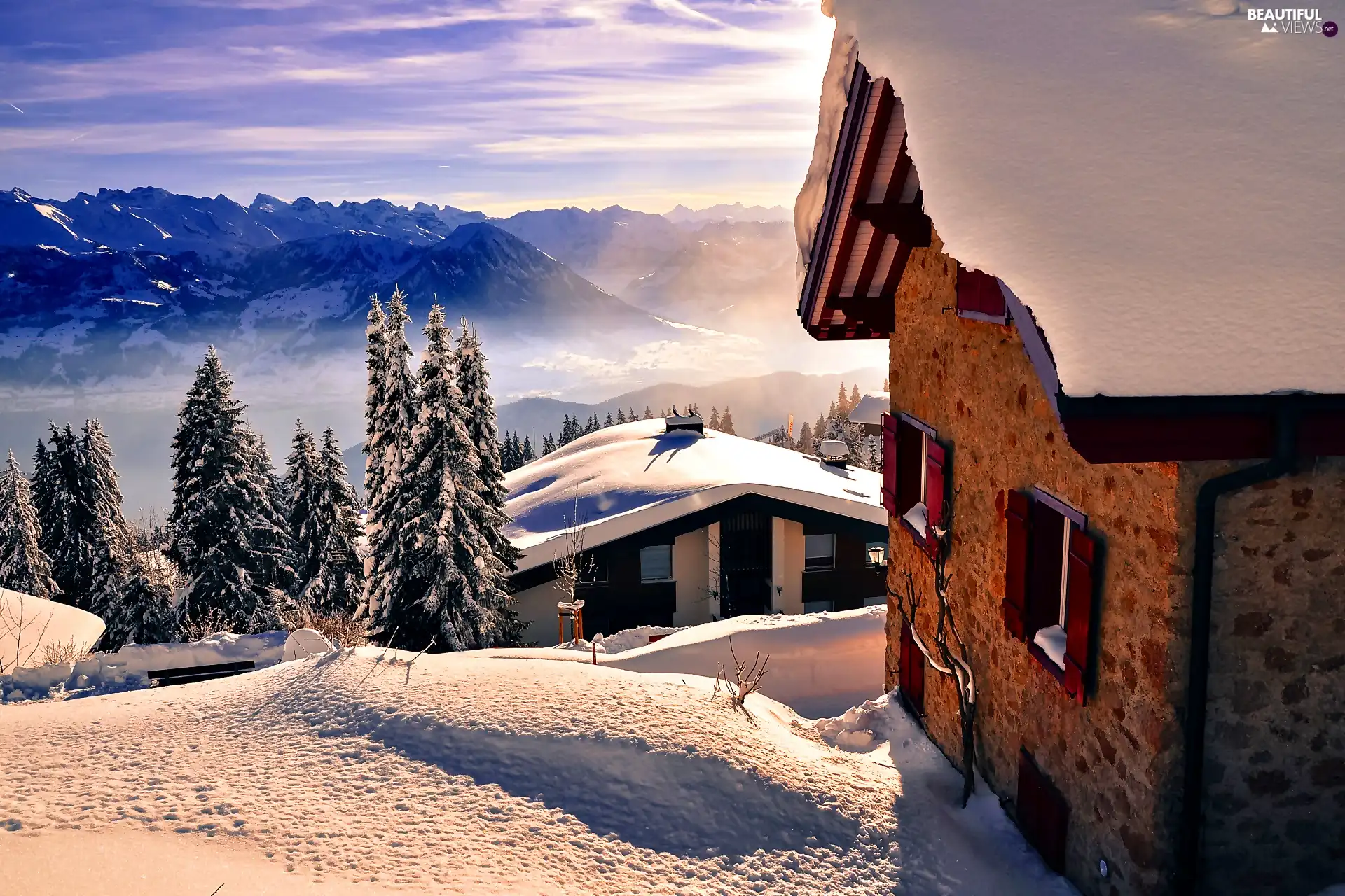 Mountains, Houses, winter