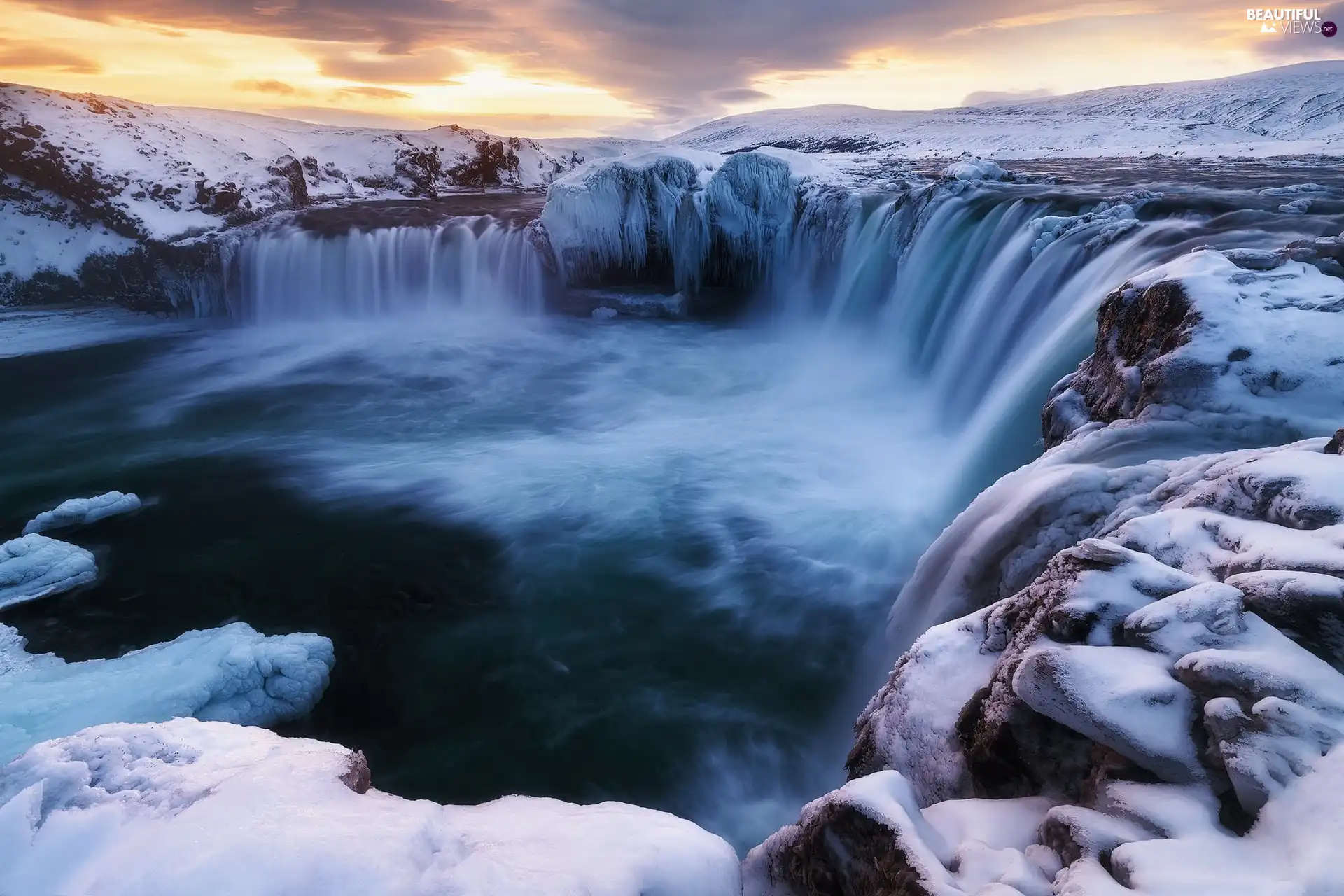 Godafoss Waterfall, iceland, Mountains, rocks, winter