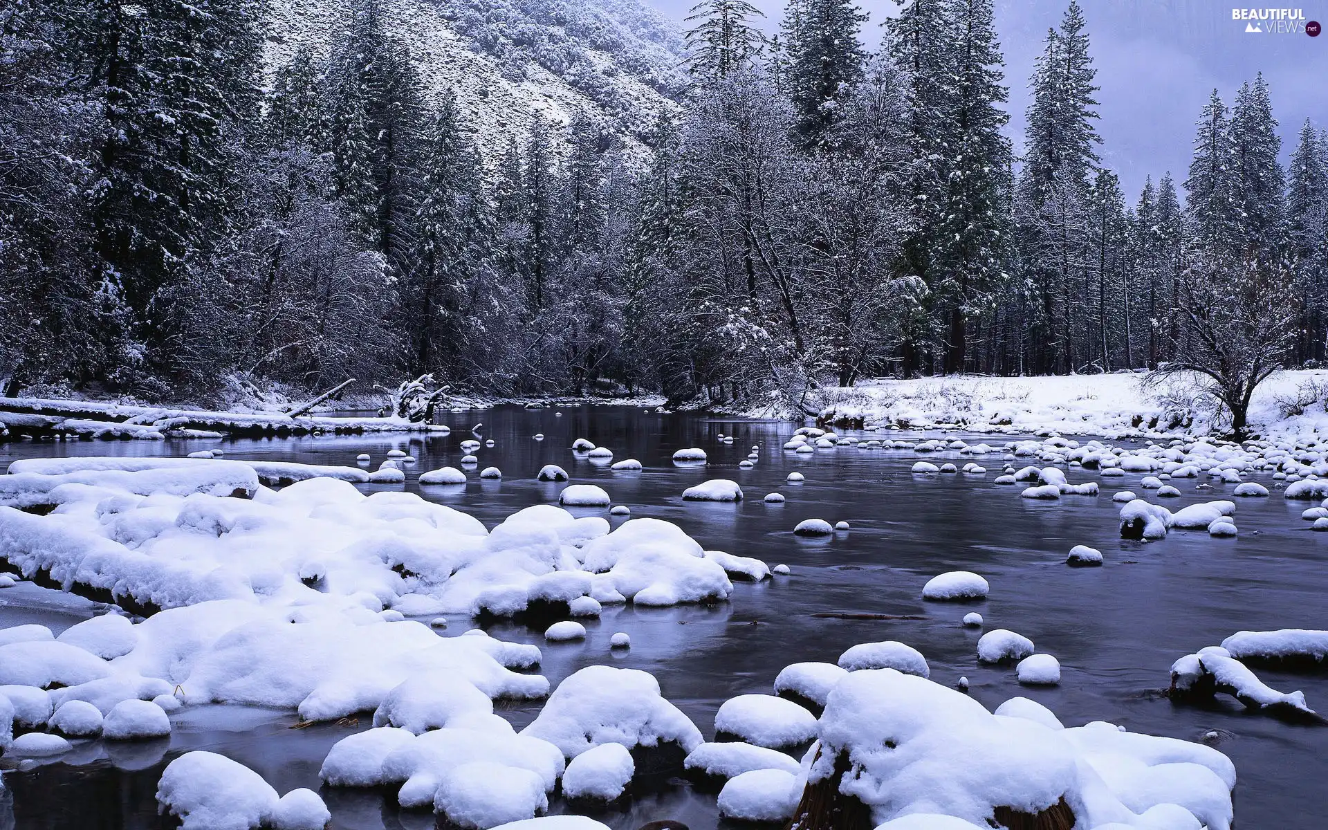 Mountains, winter, Stones, woods, River