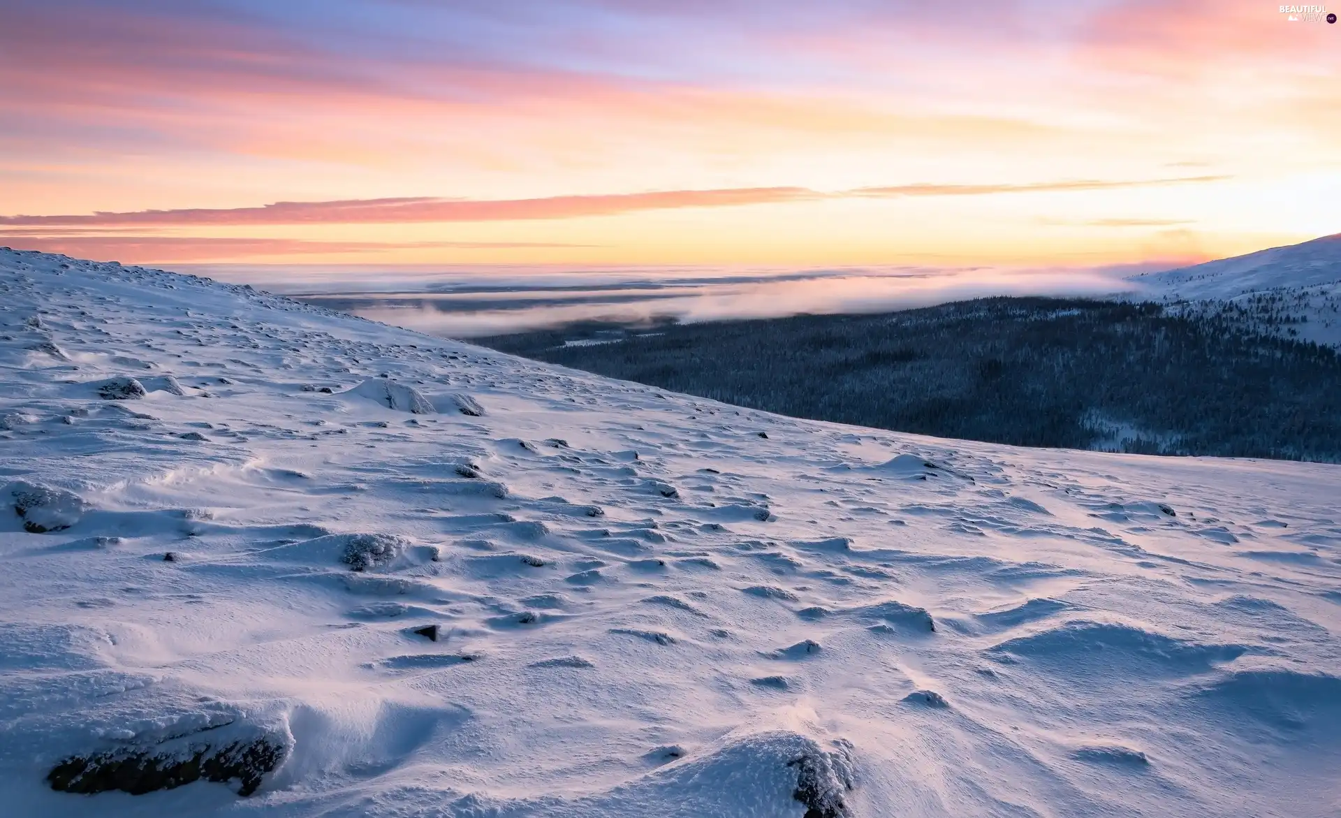 winter, Fog, Sunrise, Mountains