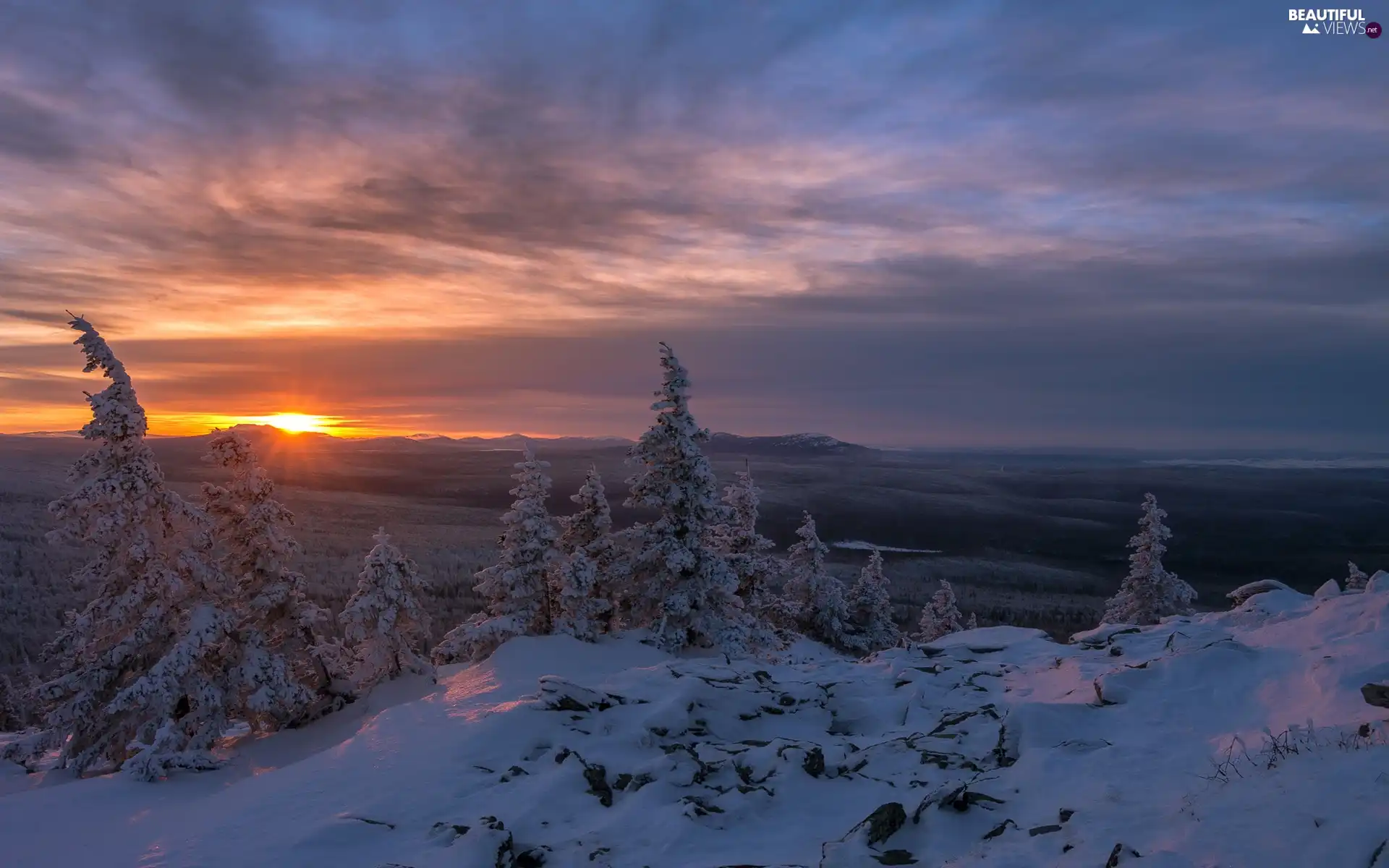 viewes, Great Sunsets, Mountains, trees, winter
