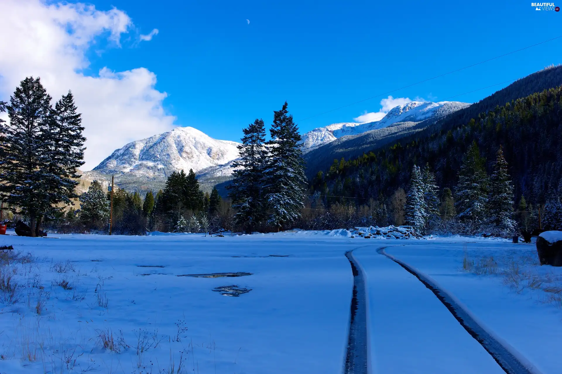 winter, viewes, Mountains, trees