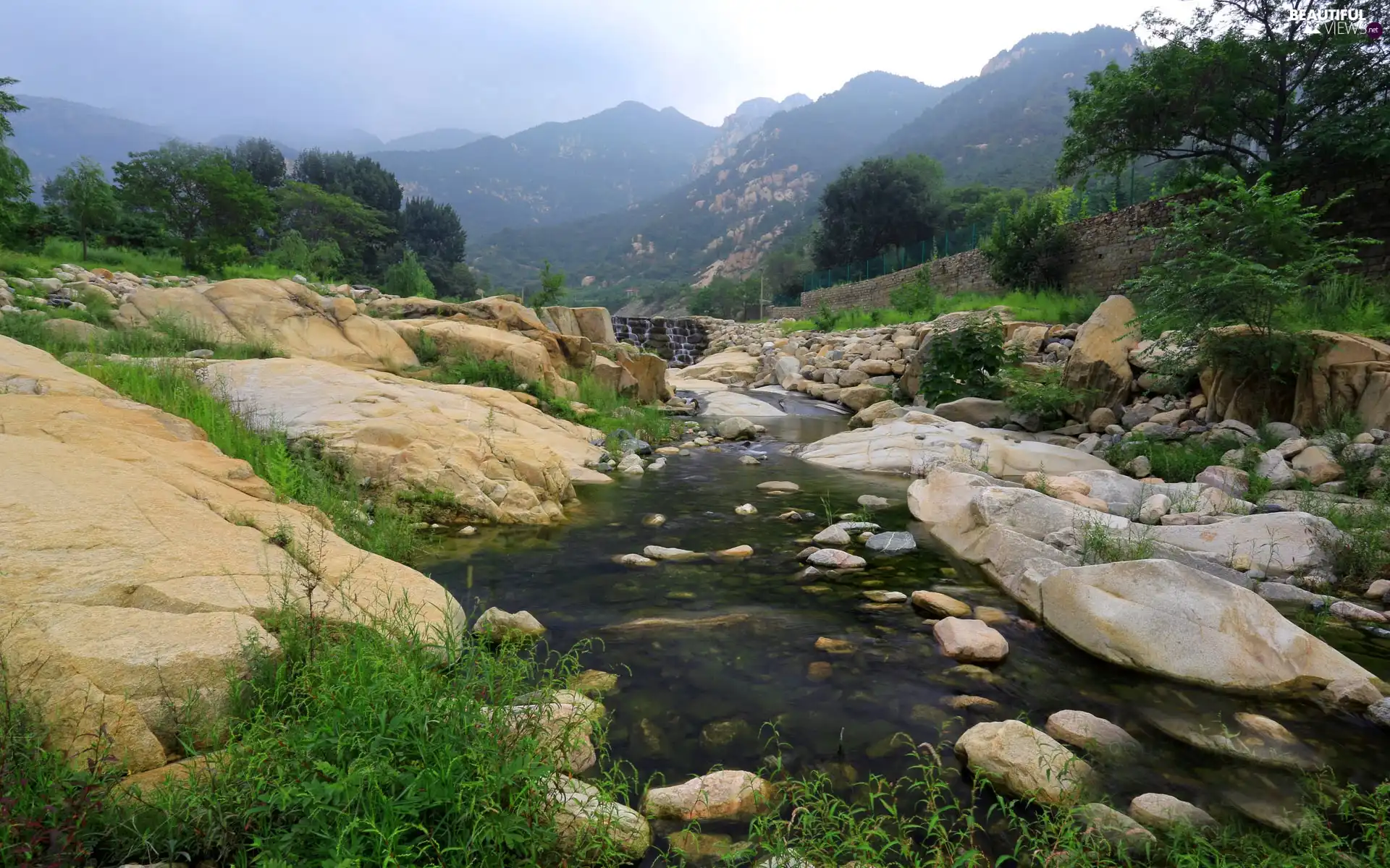 Mountains, woods, dike, Stones, River