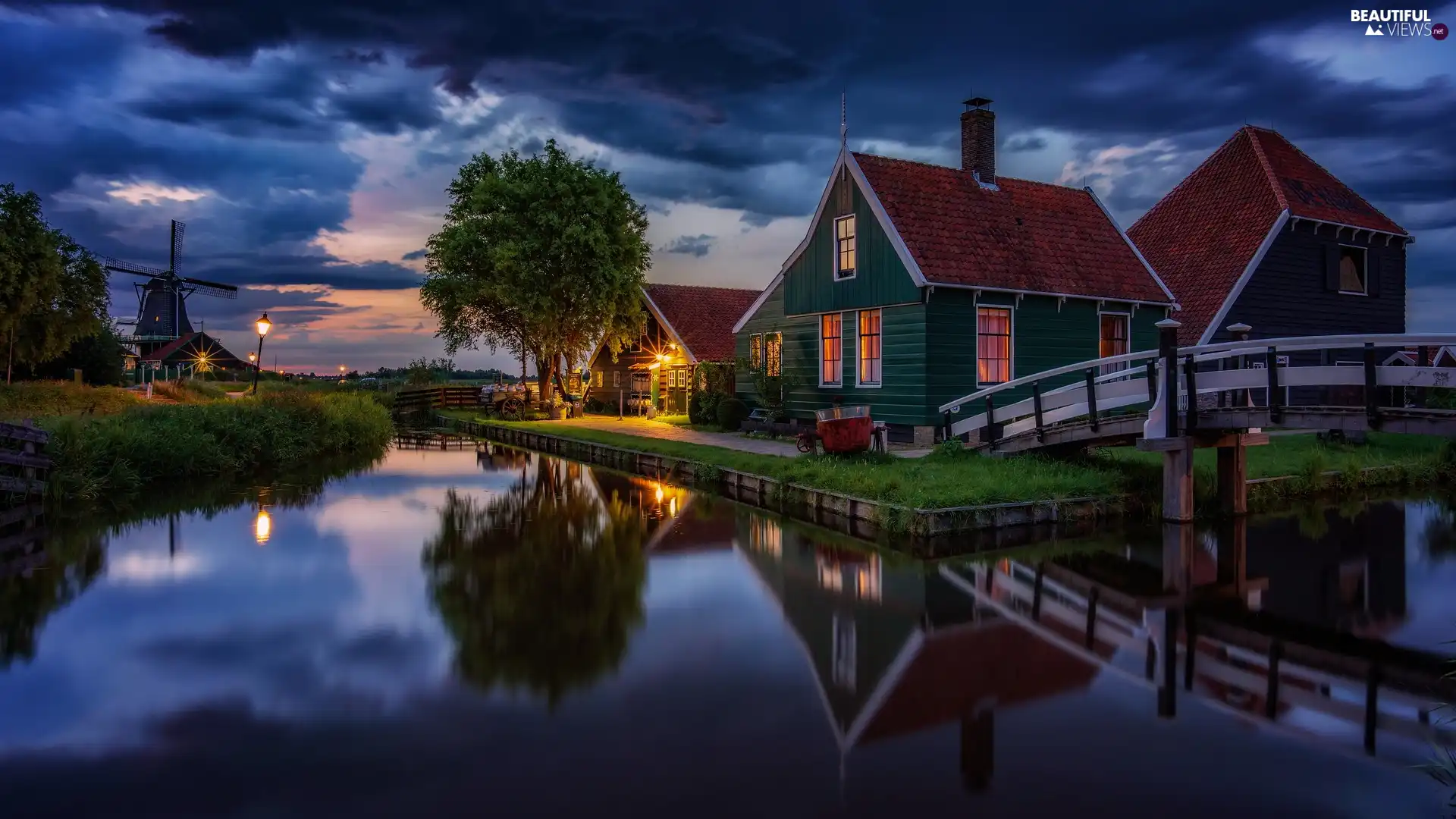 Windmill, Houses, evening, trees, River, Zaanse Schans Open Air Museum, Netherlands, bridge