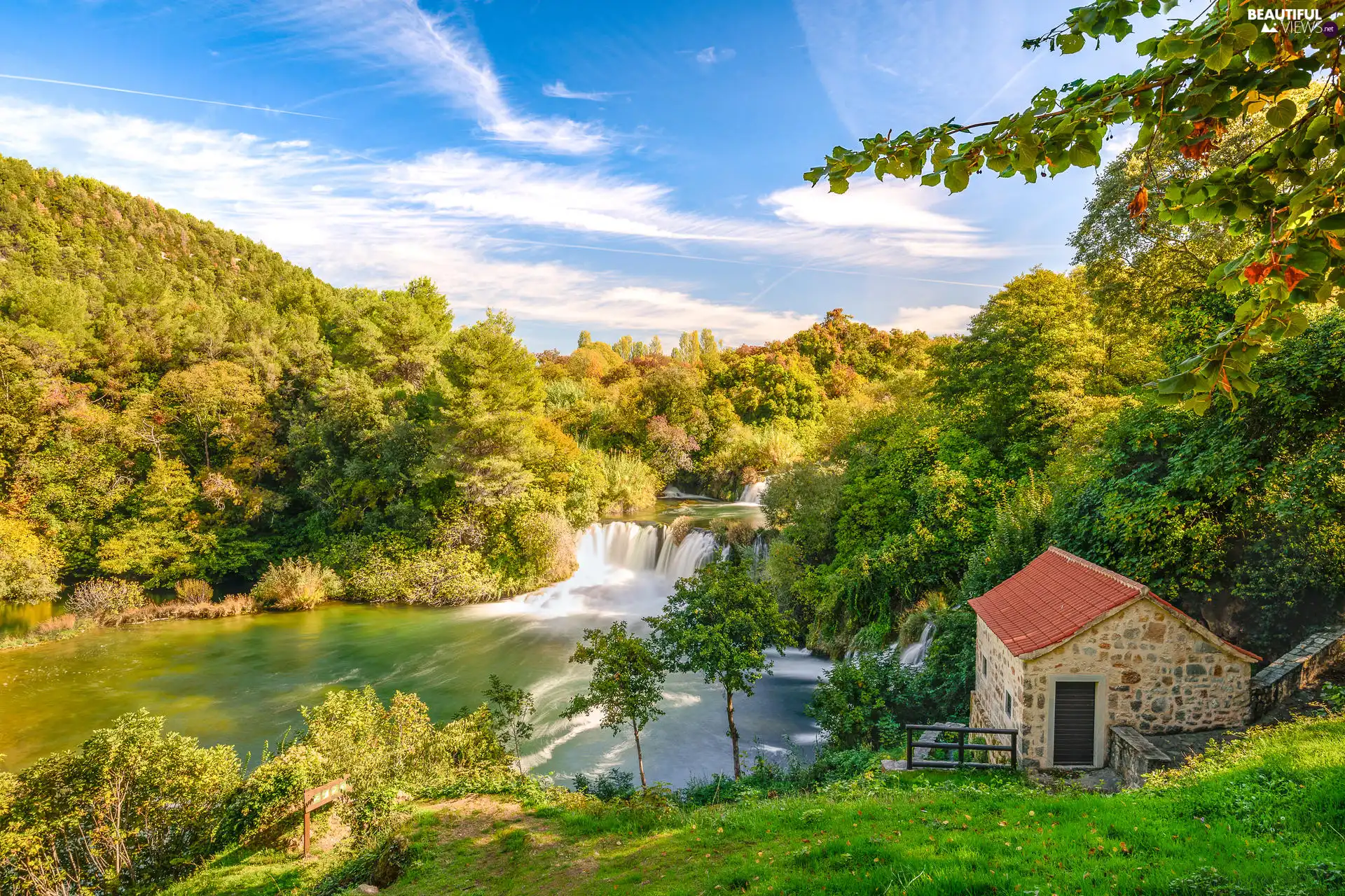 Krka River, house, waterfall, forest, Dalmatia, Coartia, viewes, Krka National Park, trees